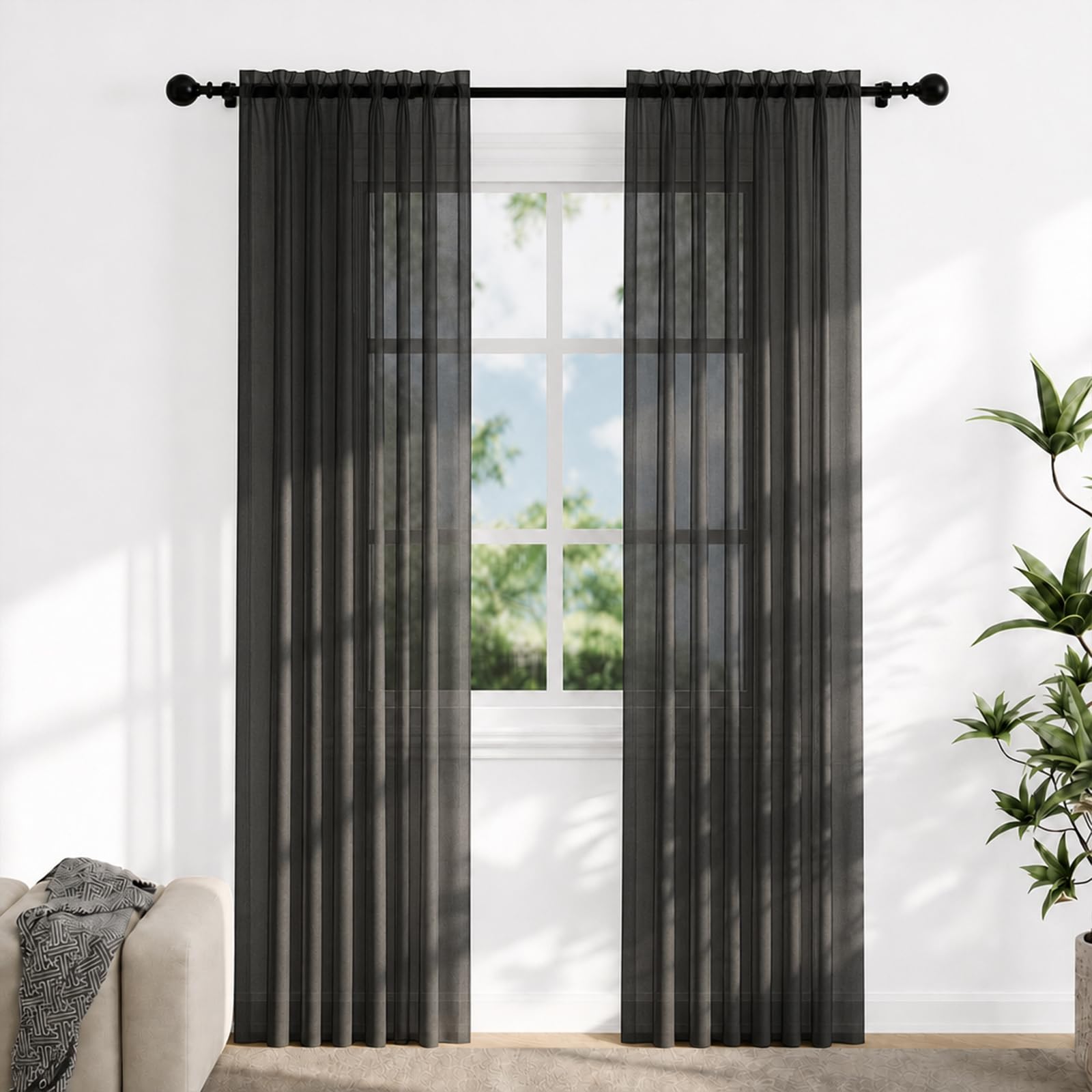 Flgef Voile Curtains for Windows 90 Drop, 2 Panels Dual Rod Pocket Sheer Curtains, Light Filtering Black Net Curtains for Living Room Bedroom Kitchen, W56xL90 Inches โ image 1