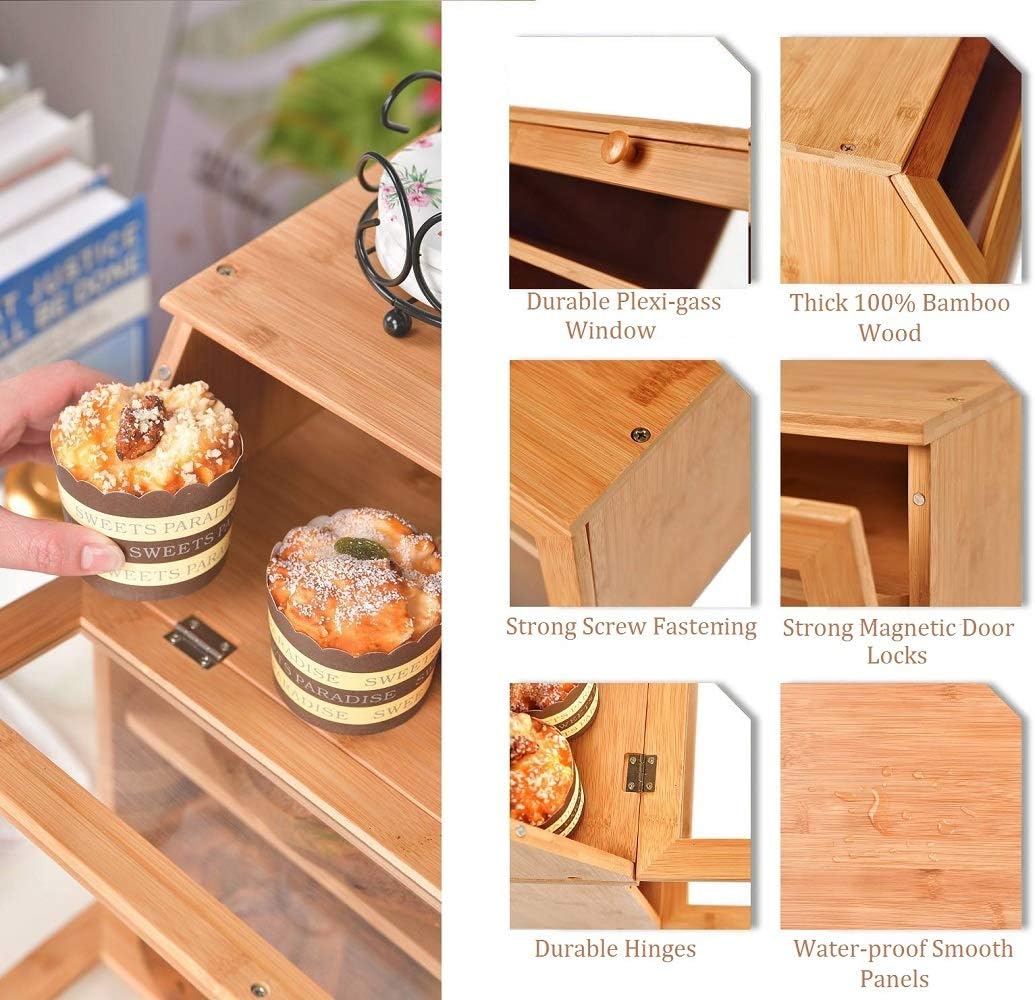 Enjahomx Large 3 Layer Bread Box for Kitchen Countertop - Bamboo Breadbox with Clear Window and Adjustable Shelf - Farmhouse Style Bread Storage Bin Holder (Self-Assembly) -