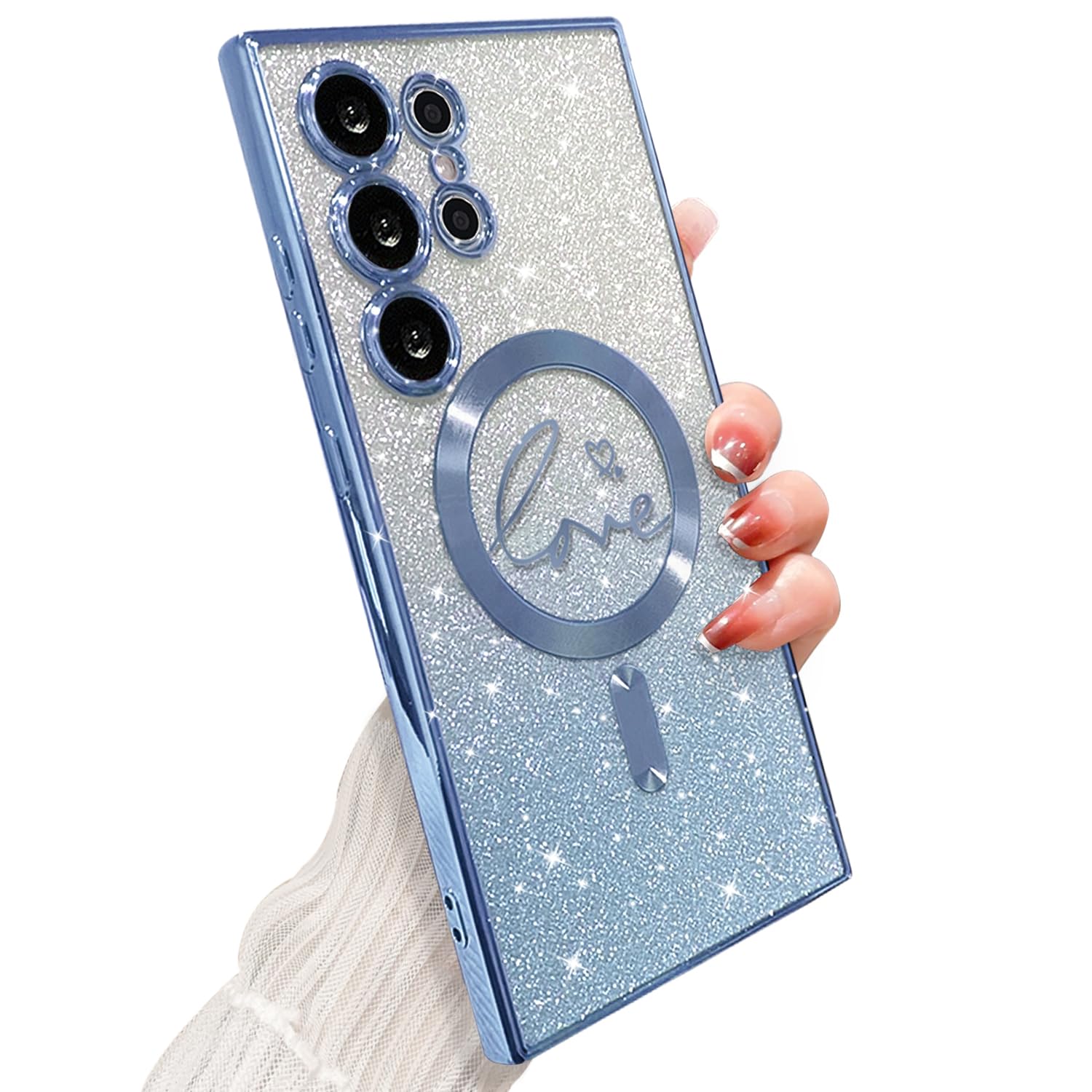 ZONRW for Samsung Galaxy S24 Ultra Case Magnetic,for Women Girl Soft Cute Luxury Love Heart Plating Bling Gradient Glitter Clear Phone Case Compatible