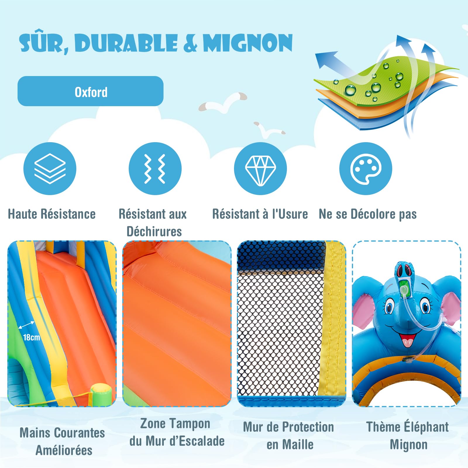 GOPLUS Château Gonflable Enfants Géant,Piscine,Mur d'escalade, Canons à Eau Basket-Ball Volley-Ball, pour Intérieur Extérieur Charge 45+45KG pour Enfants 3-10 Ans (Elephant, sans Souffleur)