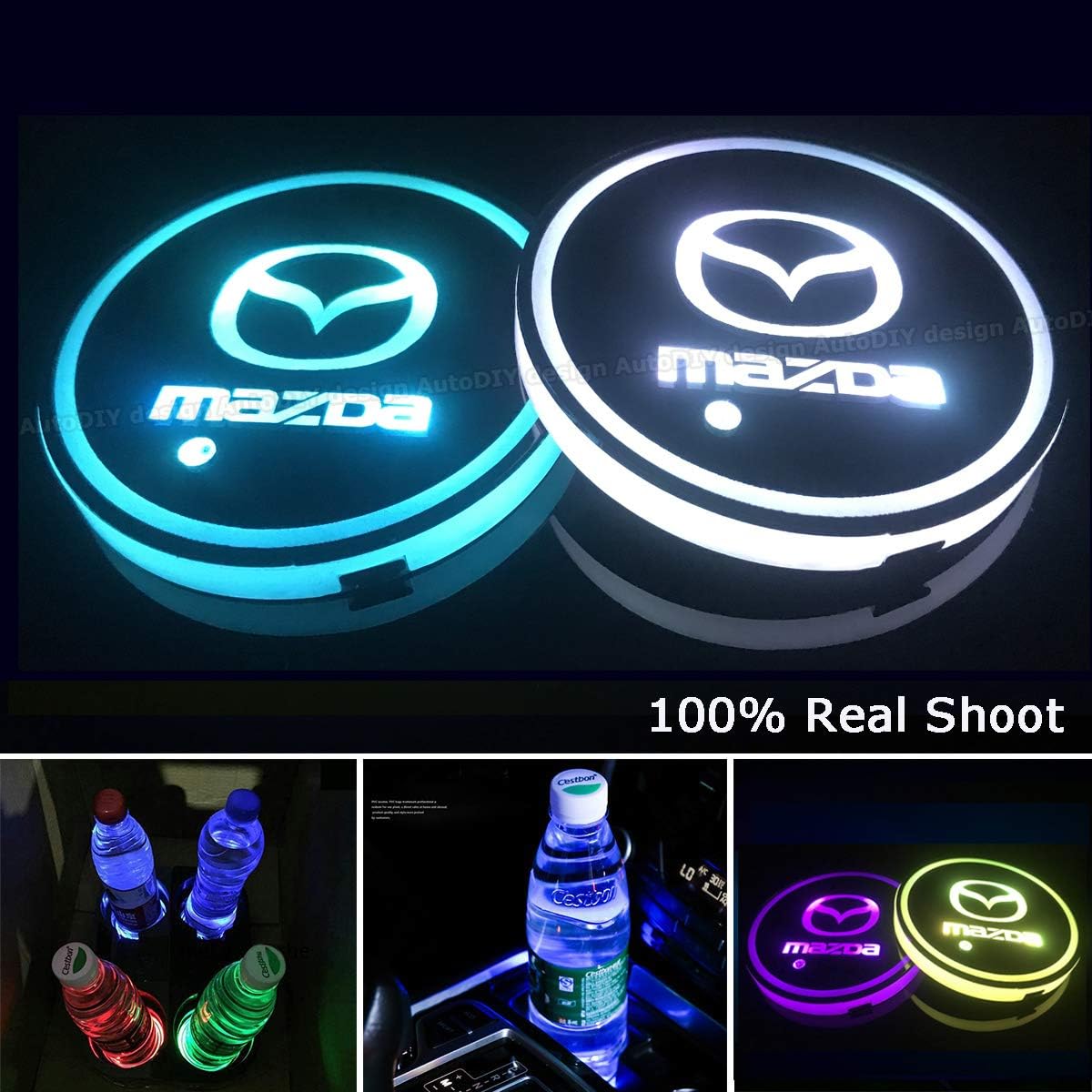 AutoDIY Led Car Logo Cup Lights up Holder USB Charging Waterproof Bottle Drinks pad 7 Colors Changing Atmosphere Lamp mat Cars for Luminous Coasters 2PCS