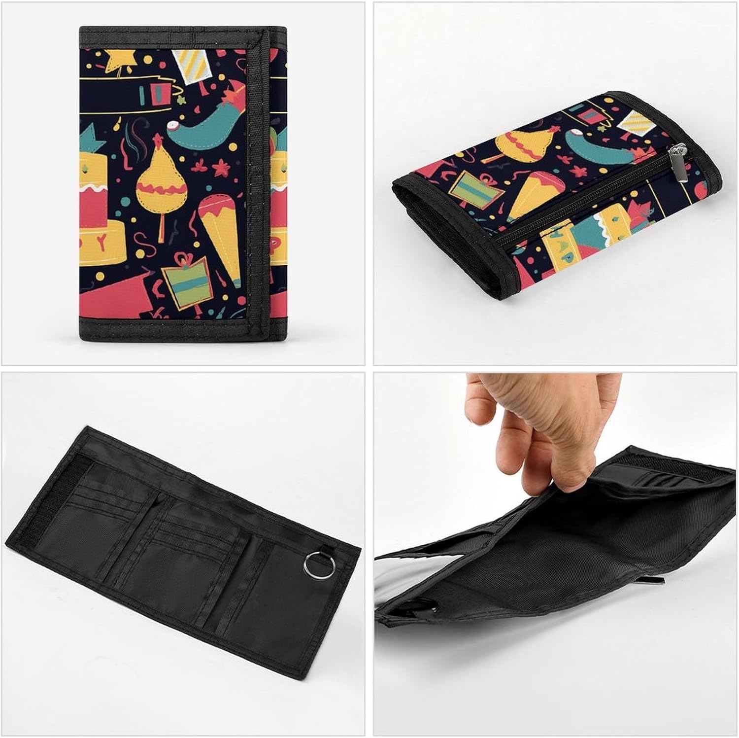 Trifold Canvas Wallet with Keychain, Modern Fashion Credit Card Holder Wallet for Men Women, Happy Birthday Images Slim Wallets W/Zipper Coin Pocket, Novelty Birthday Gift