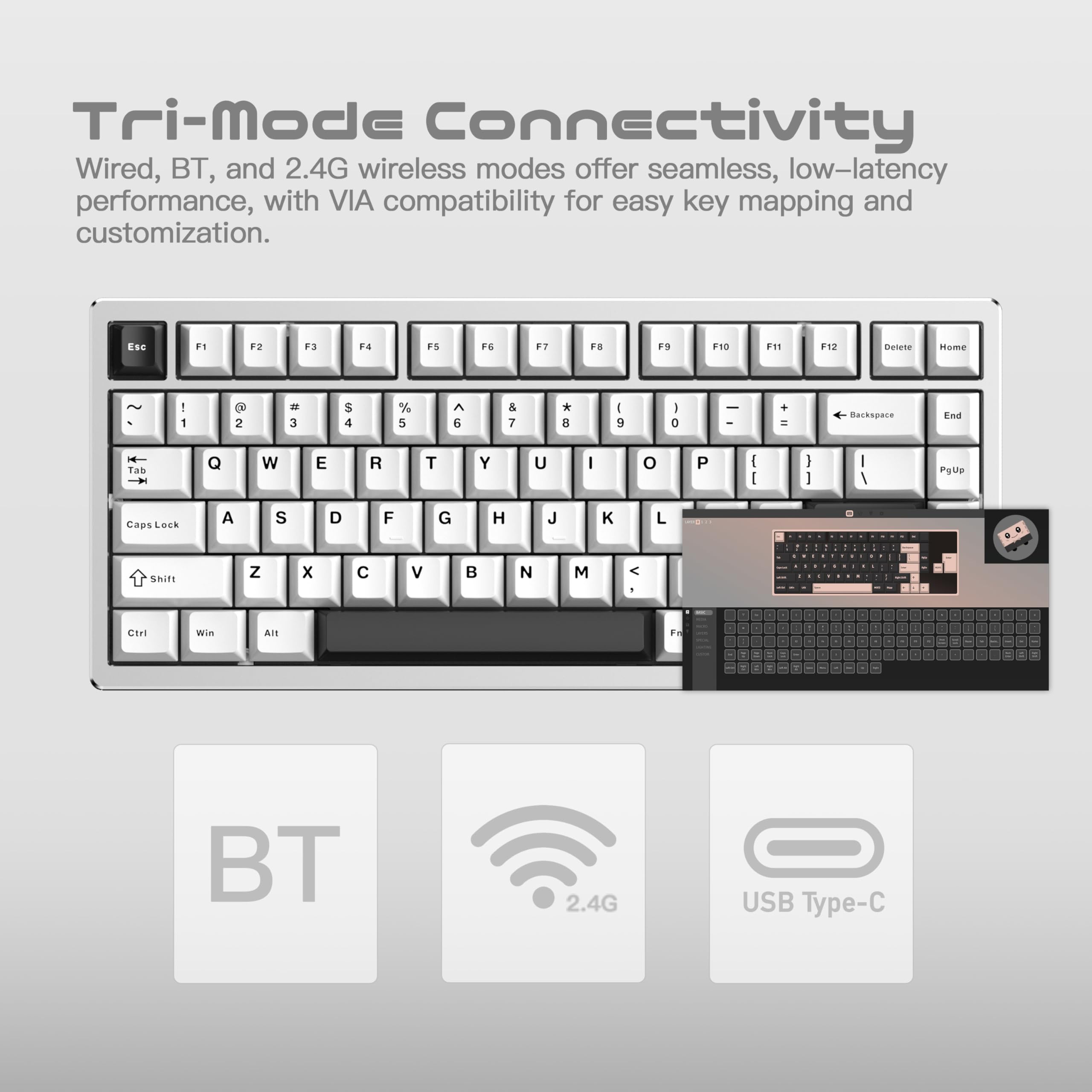 CutiePcs WOBKEY Rainy 75 Aluminum HMX Switch Mechanical Keyboard with Superior Acoustics, Wired, BT, 2.4G wireless Connectivity (Standard - Silver) — view 6
