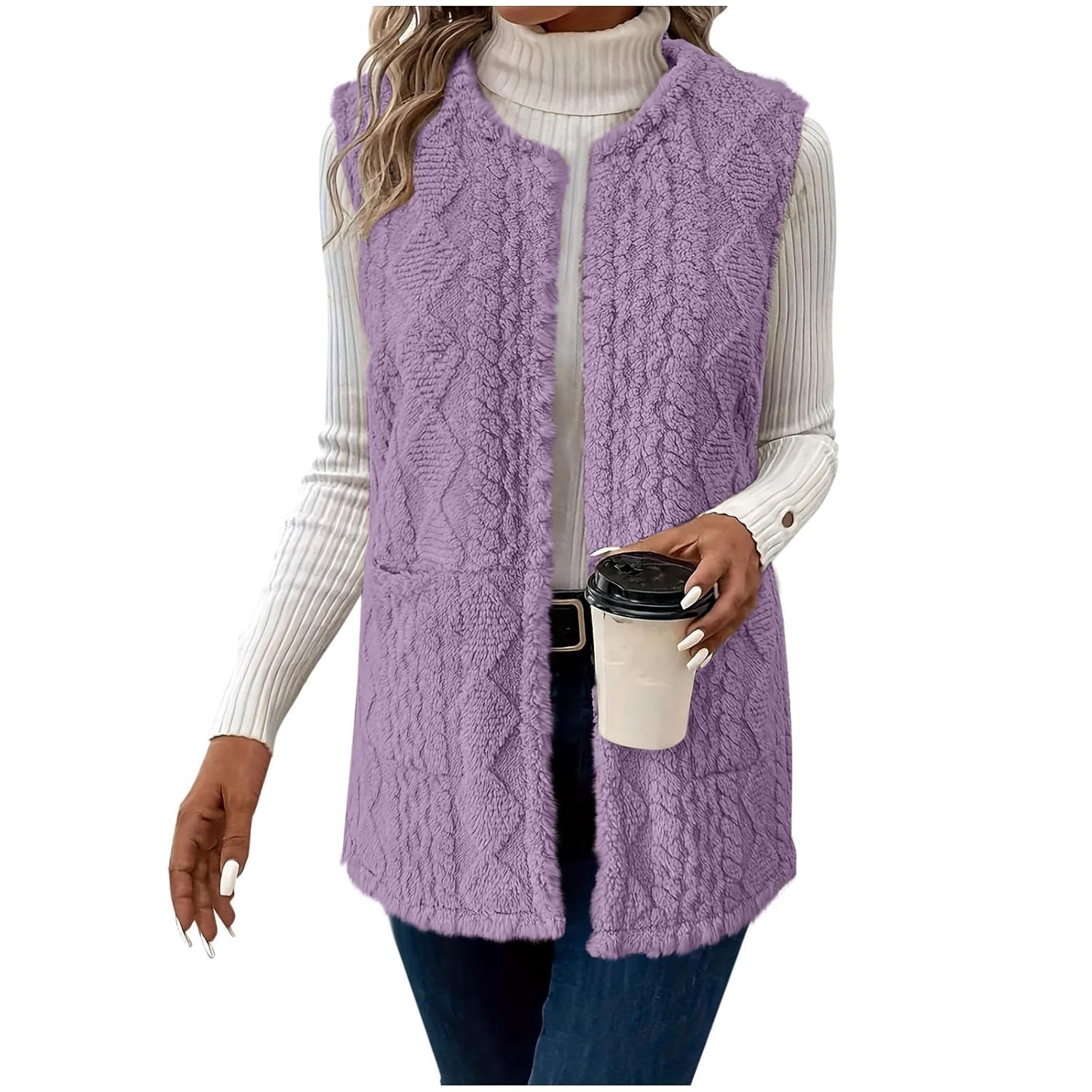Plush Cable Knit Sherpa Vest for Women Lightweight Cozy Coat Warm Sleeveless Jacket for Fall Winter with Two