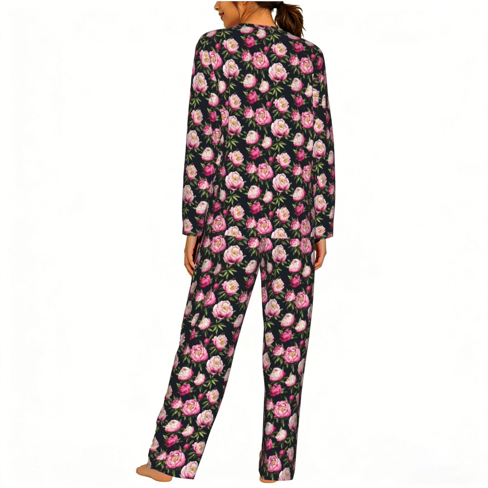 Peonia Fiori Stampa Fiore Stampa Donna Manica Lunga Pigiama Corrispondente Morbido Spiaggia Vacanze Nightwear Regalo Casual