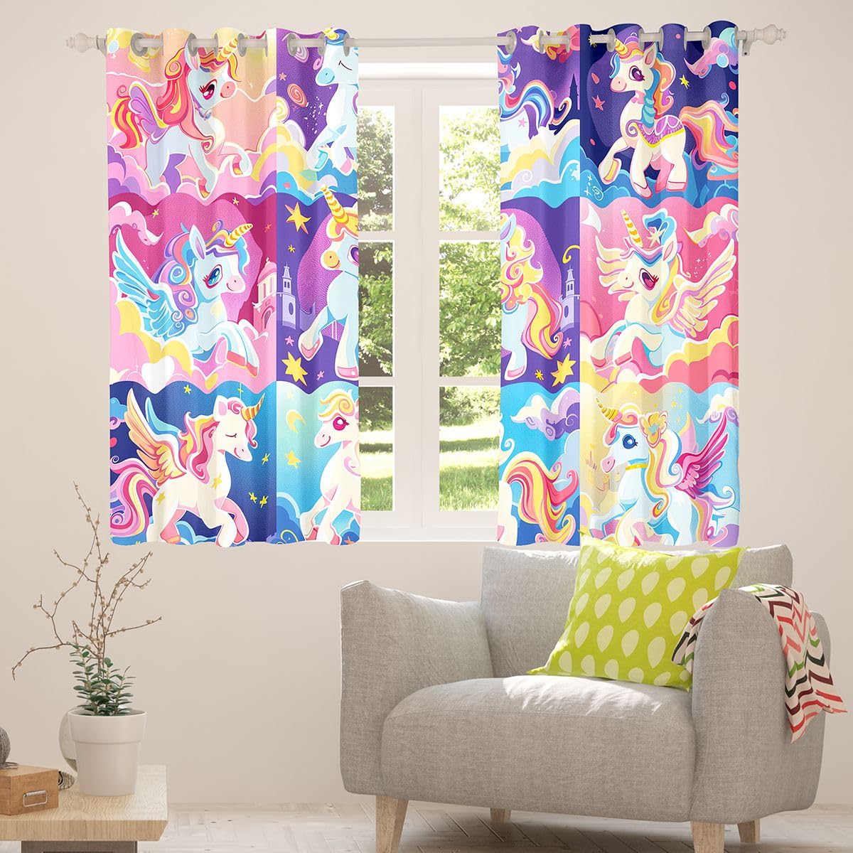 Manfei Lot de 2 rideaux de salon motif licorne mignonne à carreaux de licornes de dessin animé pour femmes et hommes, rideaux de cuisine, rideaux de chambre à coucher, rideaux de chambre à coucher