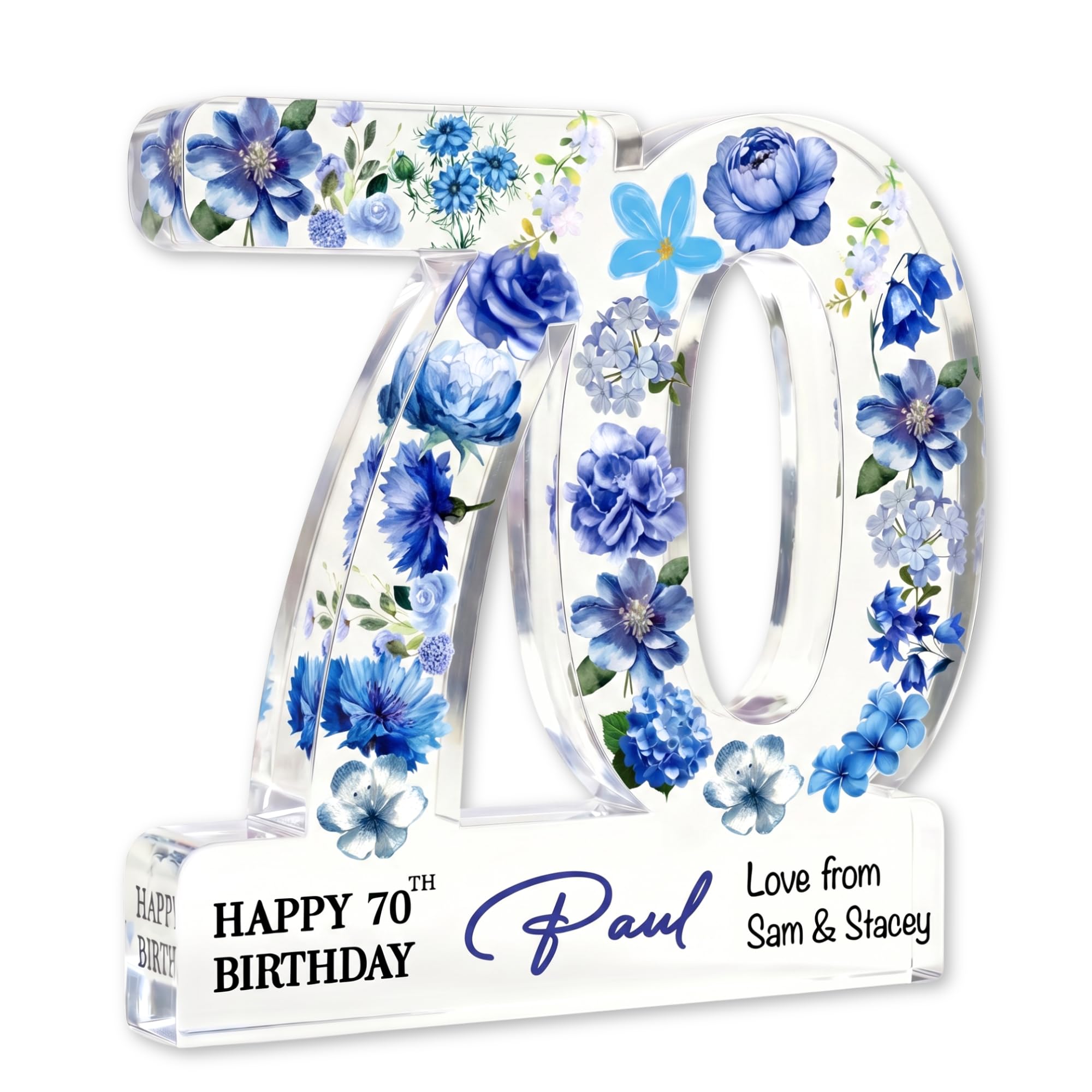 MyKeepsy Personalised 70th Birthday Plaque – Custom Name & Message Acrylic Keepsake, Floral 70 Decoration Gift for Women & Men, Available in 6 Colours (Blue Floral)