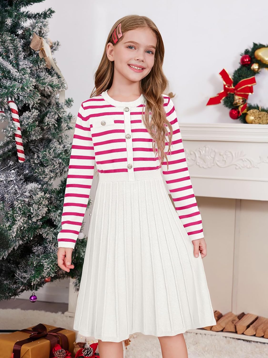 Haloumoning Girls Sweater Dress Knit Long Sleeve Striped A Line Pleated Fall Winter Dresses 5-14 Years - Image 3