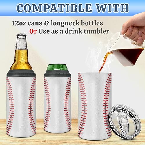 Miniatura 4 de winorax Vaso de béisbol 4 en 1, enfriador de latas de béisbol de acero inoxidable, vasos aislados para café, taza de viaje con tapa, vasos de regalo