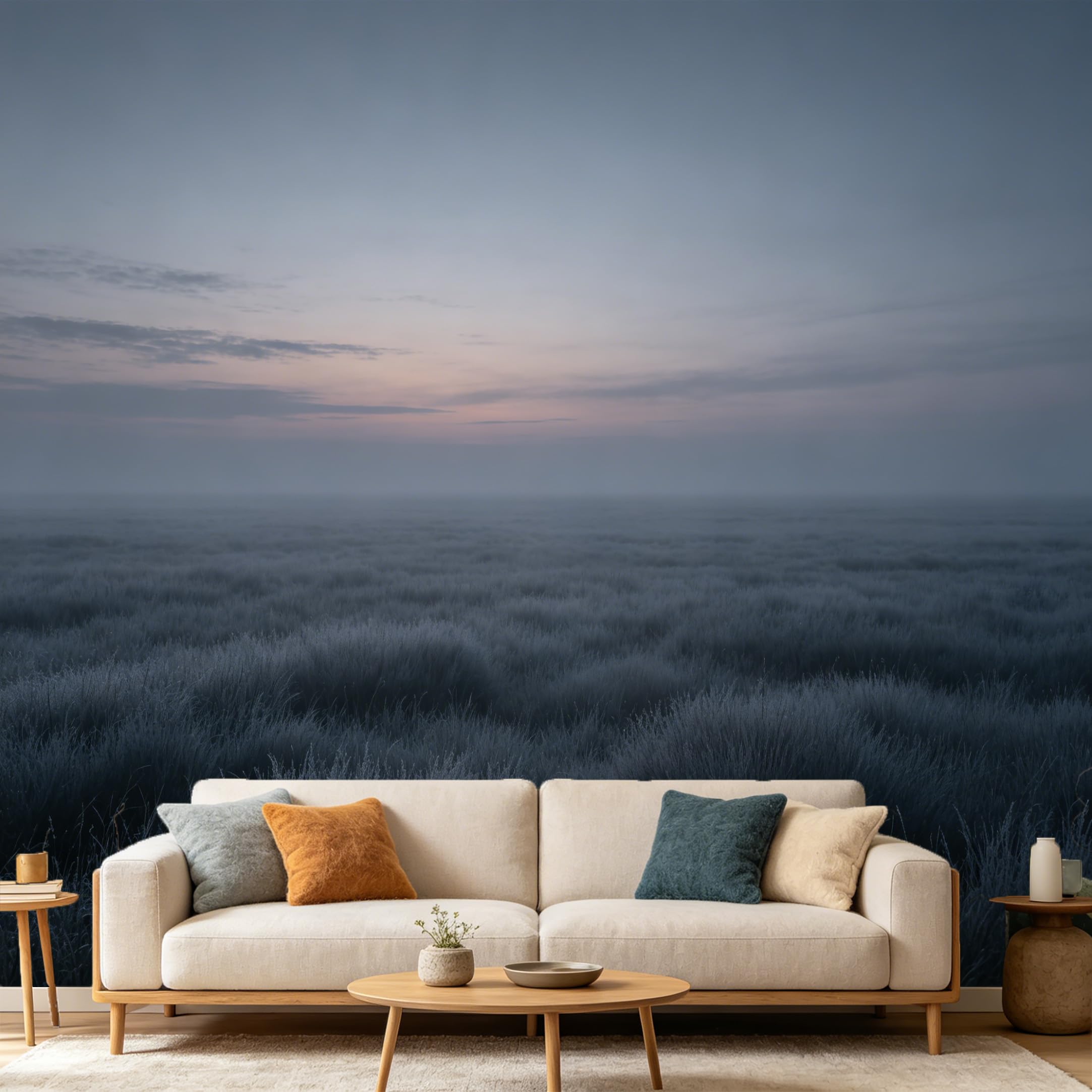Custom Size Wall Mural Minimalist Foggy Meadow Landscape Misty Morning Horizon Serene Nature Scenery SelfAdhesive Art Prints wall Fabric（No PVC） Removable Wallpaper Home Bedroom Decor