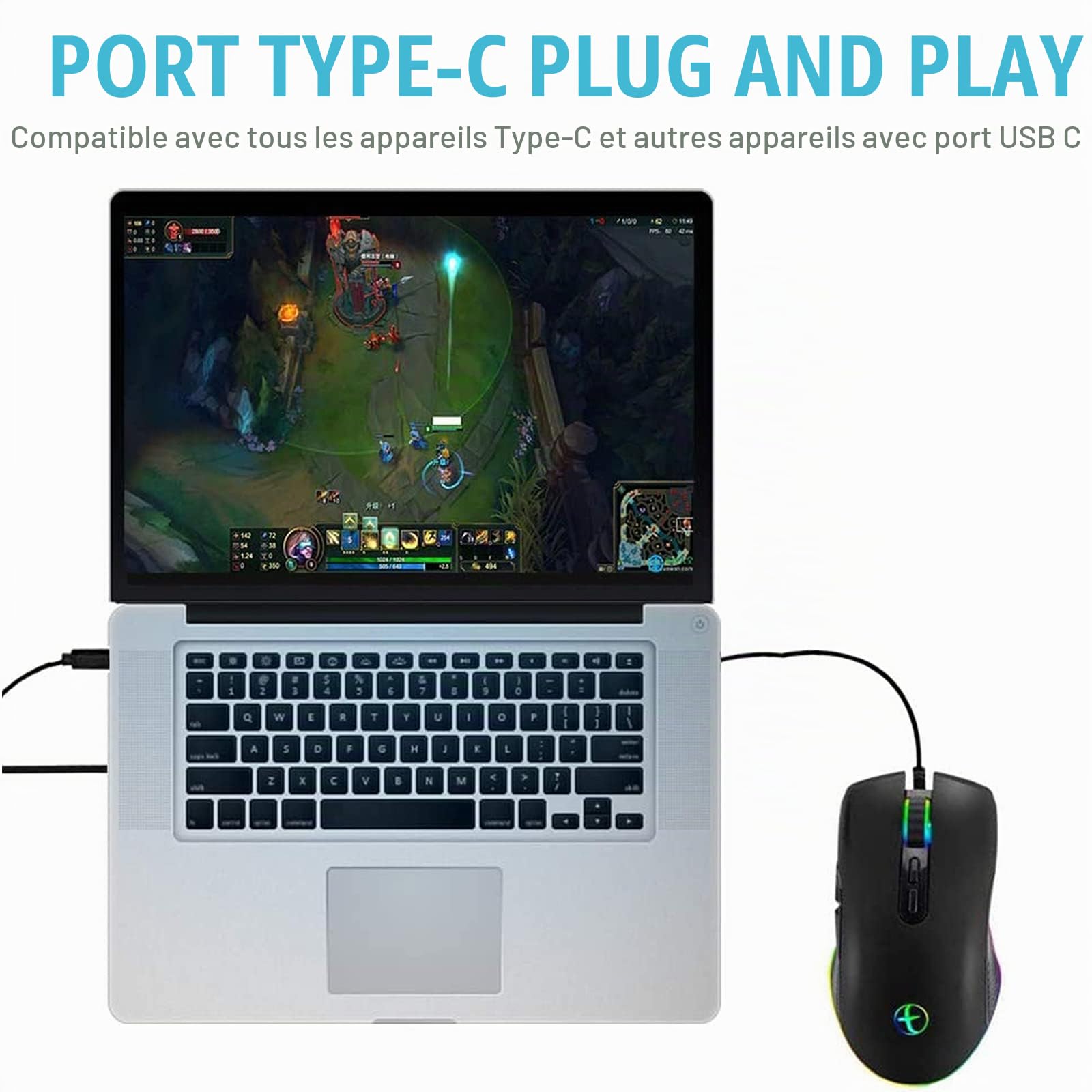 IULONEE Souris Filaire de Type C, câblée Souris USB C Souris Ergonomique de Jeu RVB Compatible avec Matebook, Chromebook, PC Windows et Autres périphériques USB de Type C Noire
