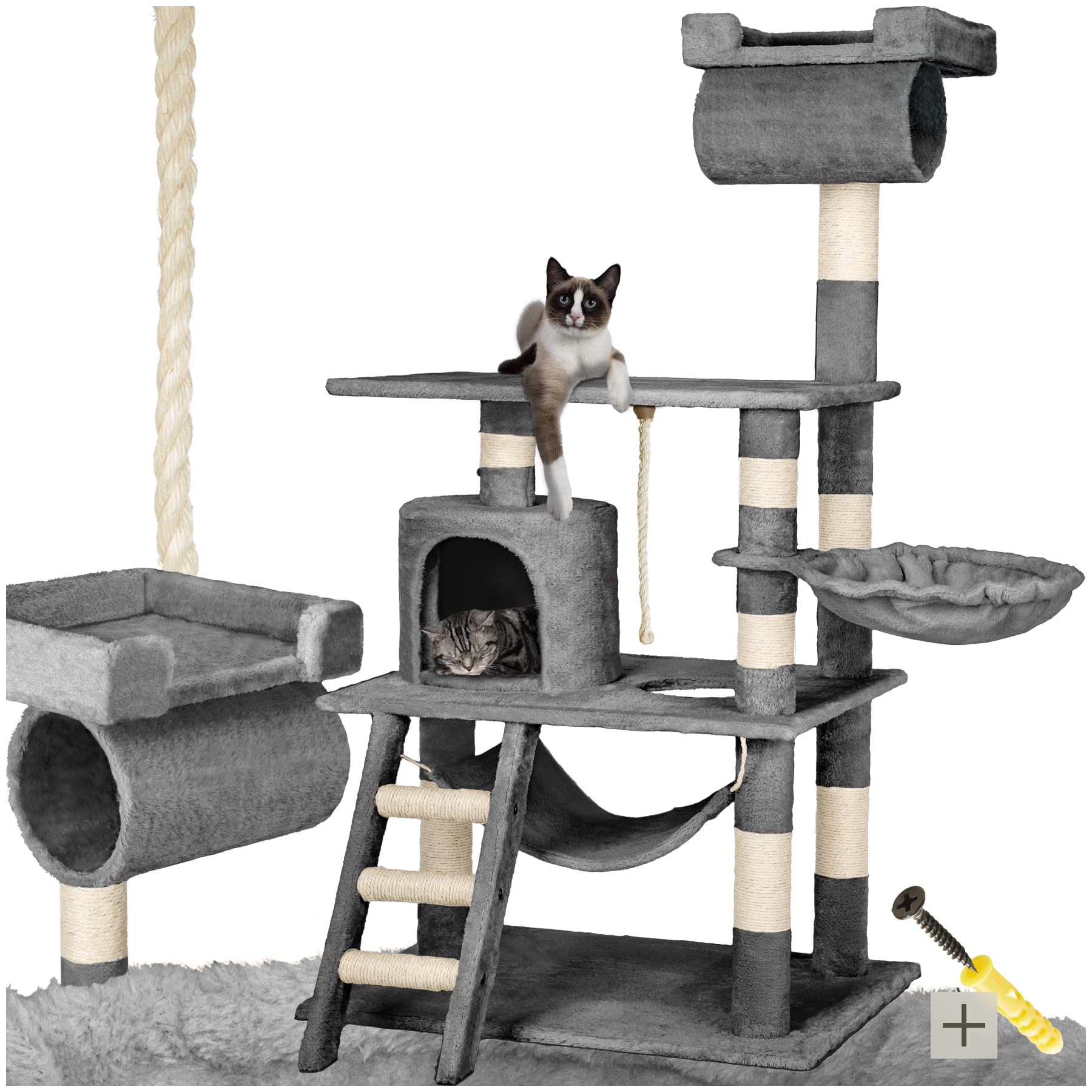 tectake® Tiragraffi per Gatti, Albero Medio 141 cm con Amaca, Cuccetta, Tunnel, Piattaforma, Giochi per Gatti, Sisal Robusto per Artigli, Struttura Compatta, per Interni - Grigio