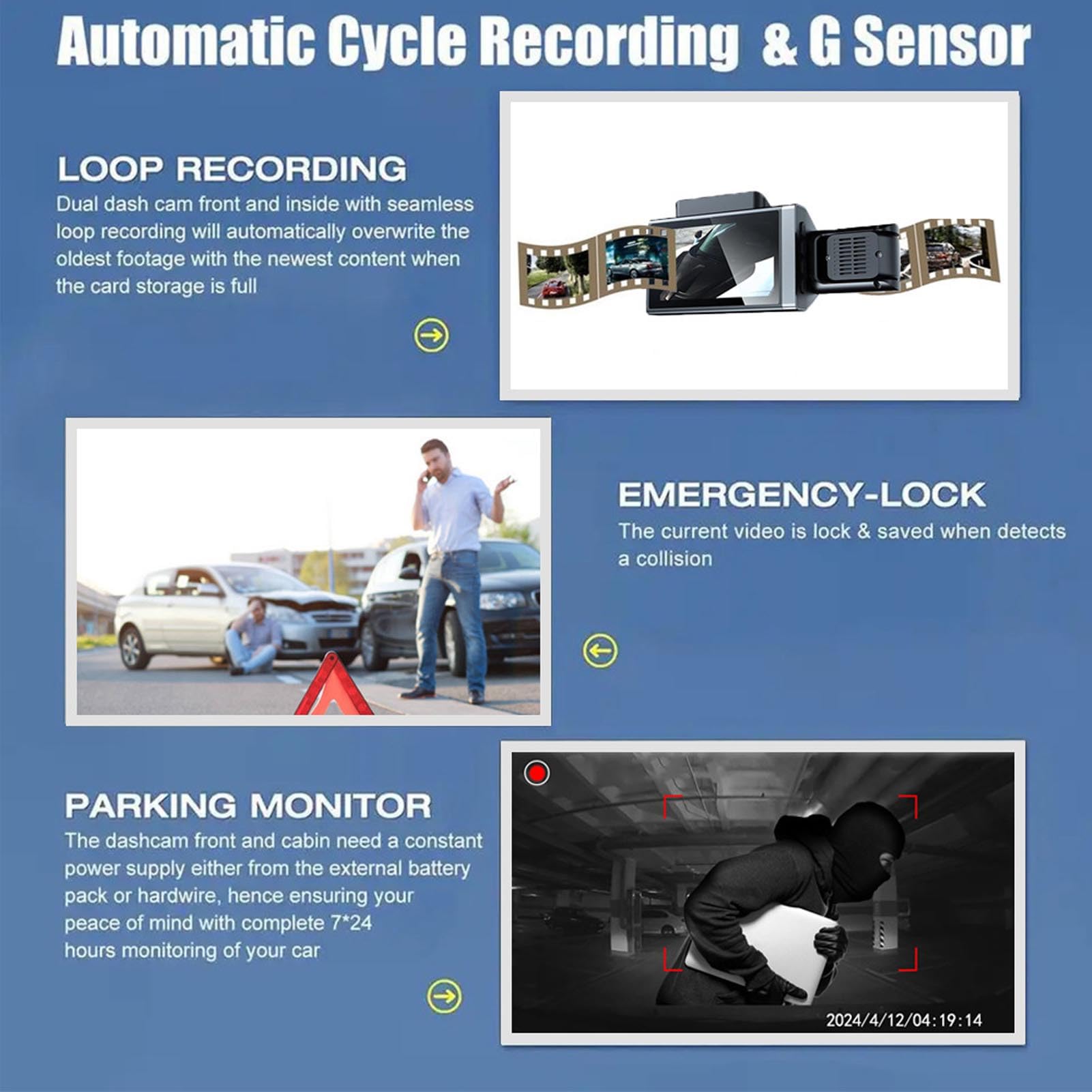 Cocoarm Dash Cam a 3 1080P Tripla Fotocamera con Visione Notturna | Custodia in ABS, Copertura Grandangolare Anteriore/posteriore/interna, Rilevamento del Movimento, Blocco di Emergenza