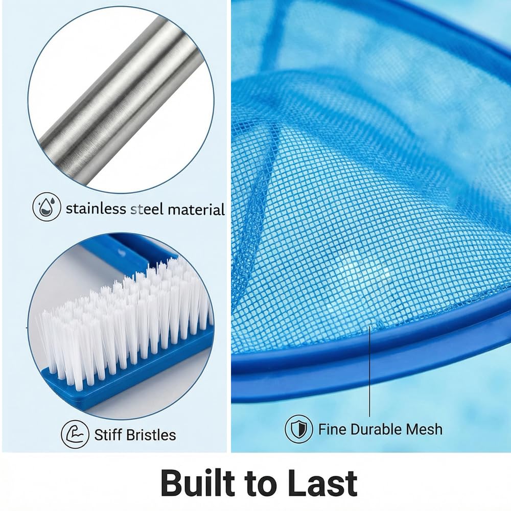 Epuisette Piscine avec Manche Telescopique 225cm, Brosse et Chiffon Nettoyage