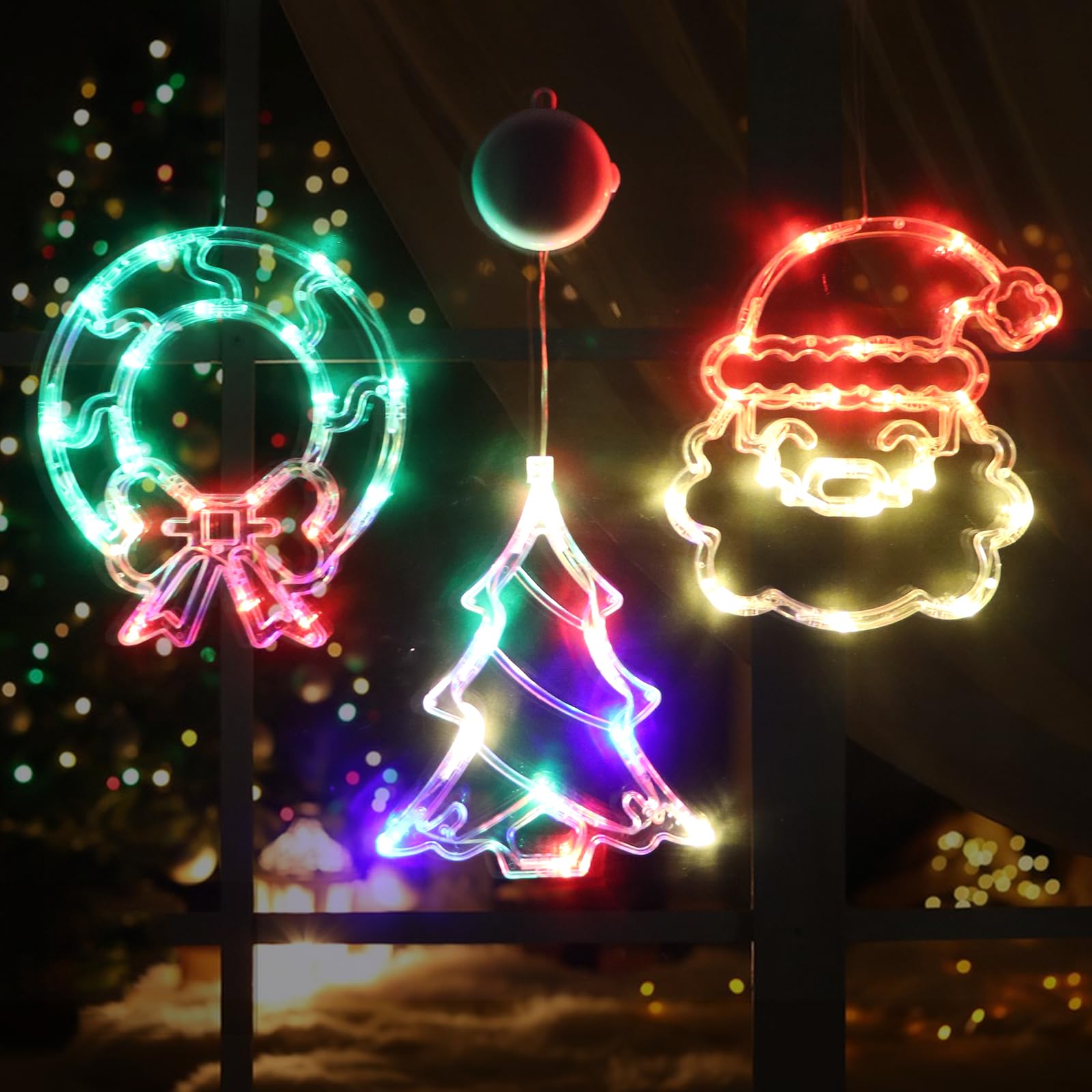 Photo 1 of 3 Pack Christmas Decorations,Christmas Window Lights Christmas Tree,Santa Claus,Wreath with Suction Cup Battery Operated Christmas Lights for Christmas Window Door Yard Party Decor Indoor Outdoor 3Pcs