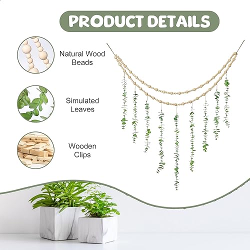 Miniatura 2 de Decoración de pared de eucalipto artificial, exhibición de fotos de eucalipto colgante con 20 clips, decoración de pared bohemia para baño,