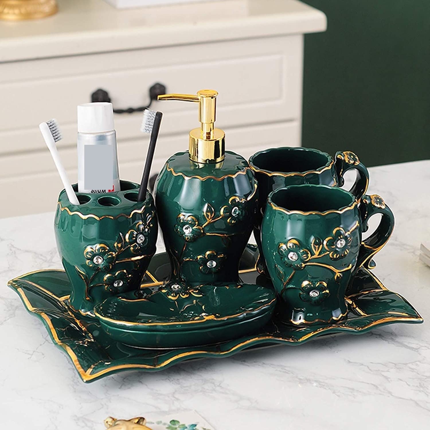 Set de Baño Juego de Accesorios de Baño Juego De Accesorios De Baño Juego De Baño De Cerámica Con Patrón En Relieve De Lujo Verde Oscuro Para Regalo De Inauguración De La Casa Juego de Baño Accesorios