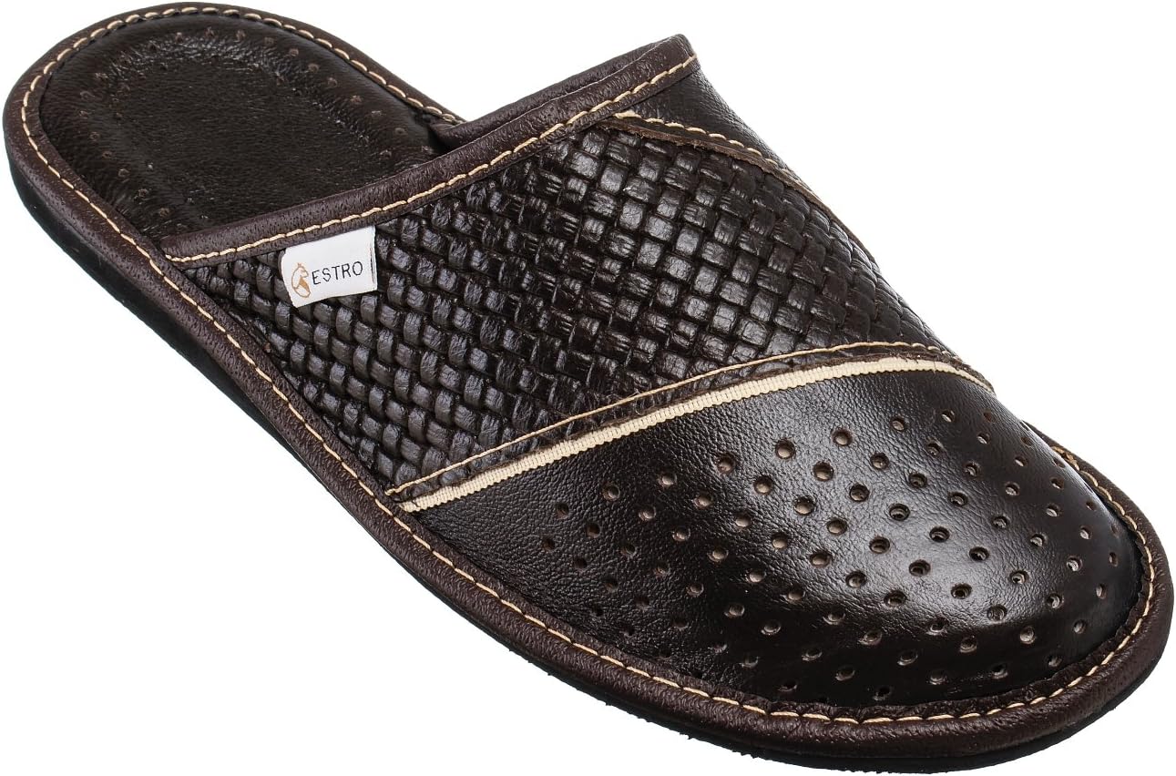 ESTRO Mens Slippers Men's Slipper Men House Shoes Leather Home Mule M66 (12 D(M) US, Brown)