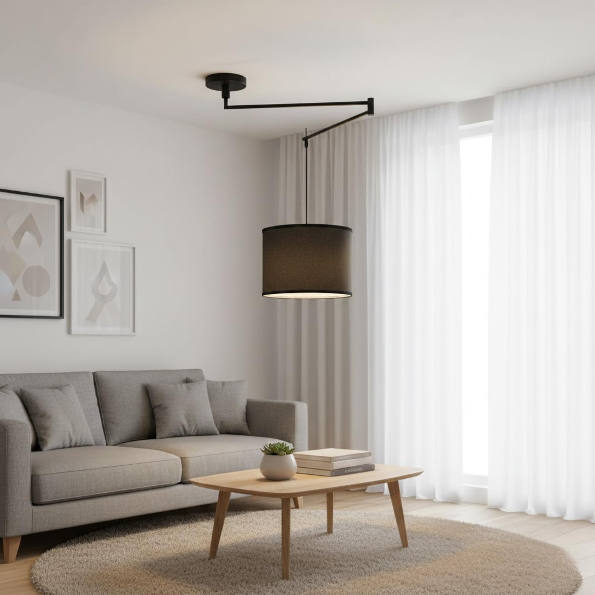 Lámpara Colgante de Techo NECK con Brazo Articulado. Pantalla Tela y Base Giratoria. Altura Ajustable. Portalámparas E27. Estilo Moderno. Lámpara colgante Negra para isla cocina, comedor, dormitorio.