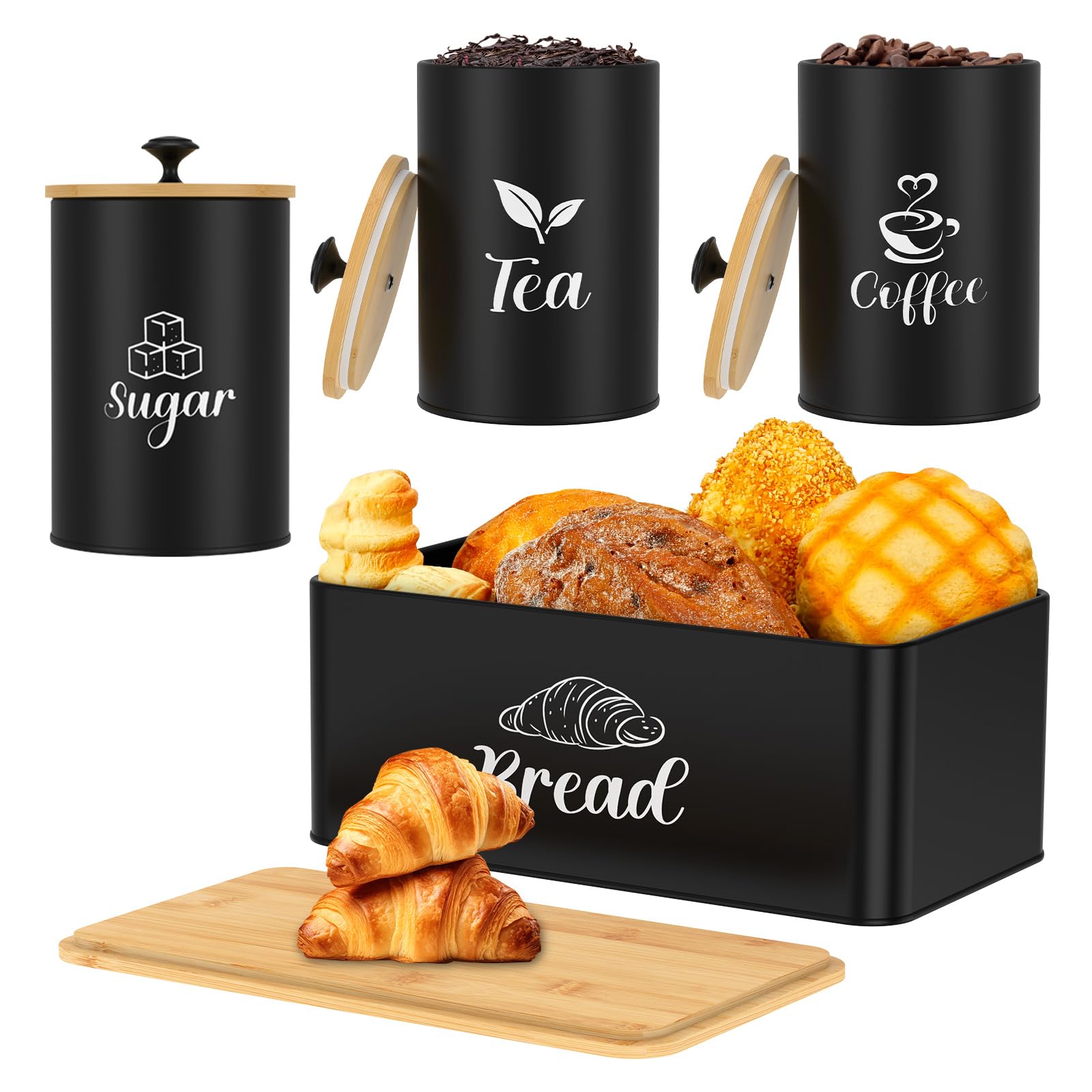 4Pcs Kitchen Canister Set,Bread Bin Tea Coffee Sugar Storage Tins,Metal Storage Jars with Airtight Bamboo Lids,Round Canisters Set Rectangle Biscuit Container for Kitchen Counter Organization(Black)