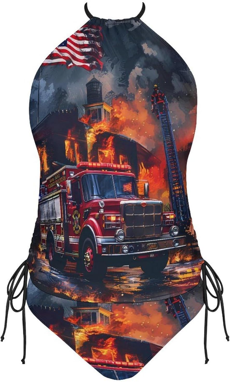 Fire Truck U.S. Flag Women's Tankini Swimsuit Two Piece Tummy Control Bathing Suits Tie String Swimwear