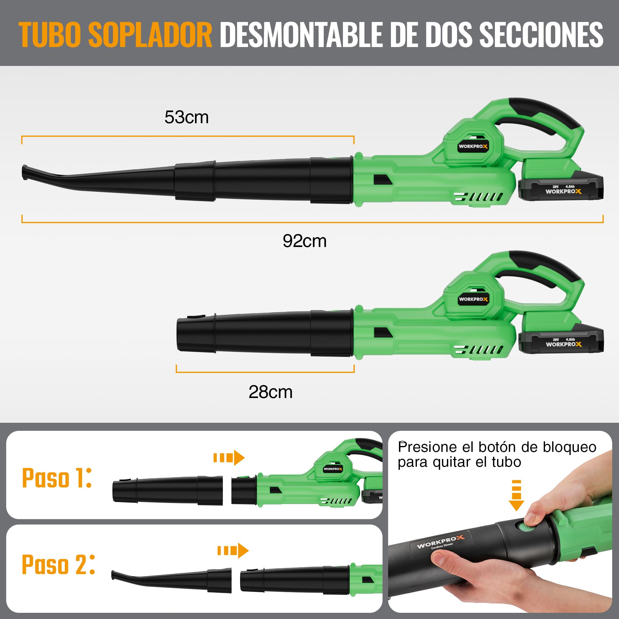 WORKPROX Soplador de Hojas, 20V Soplador de Hojas Bateria, con Flujo de Aire Potente 222KM/H, Capacidad 290 M³/H, Sopladora para Jardineria | con Flujo de Aire Potente 222KM/H, Capacidad 290 M³/H, Sopladora para Jardineria
