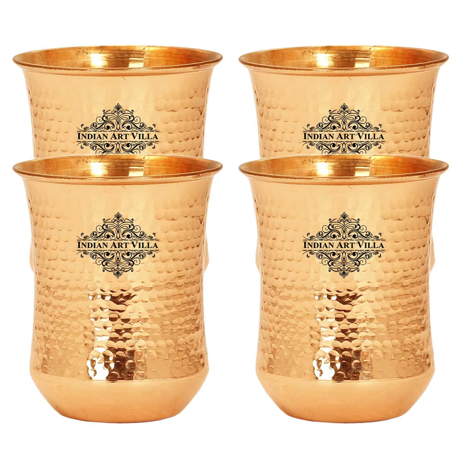 Indian Art Villa Copper Hammered Smooth Design Glass Drinkware Storage Purpose 10 Oz Set of 4