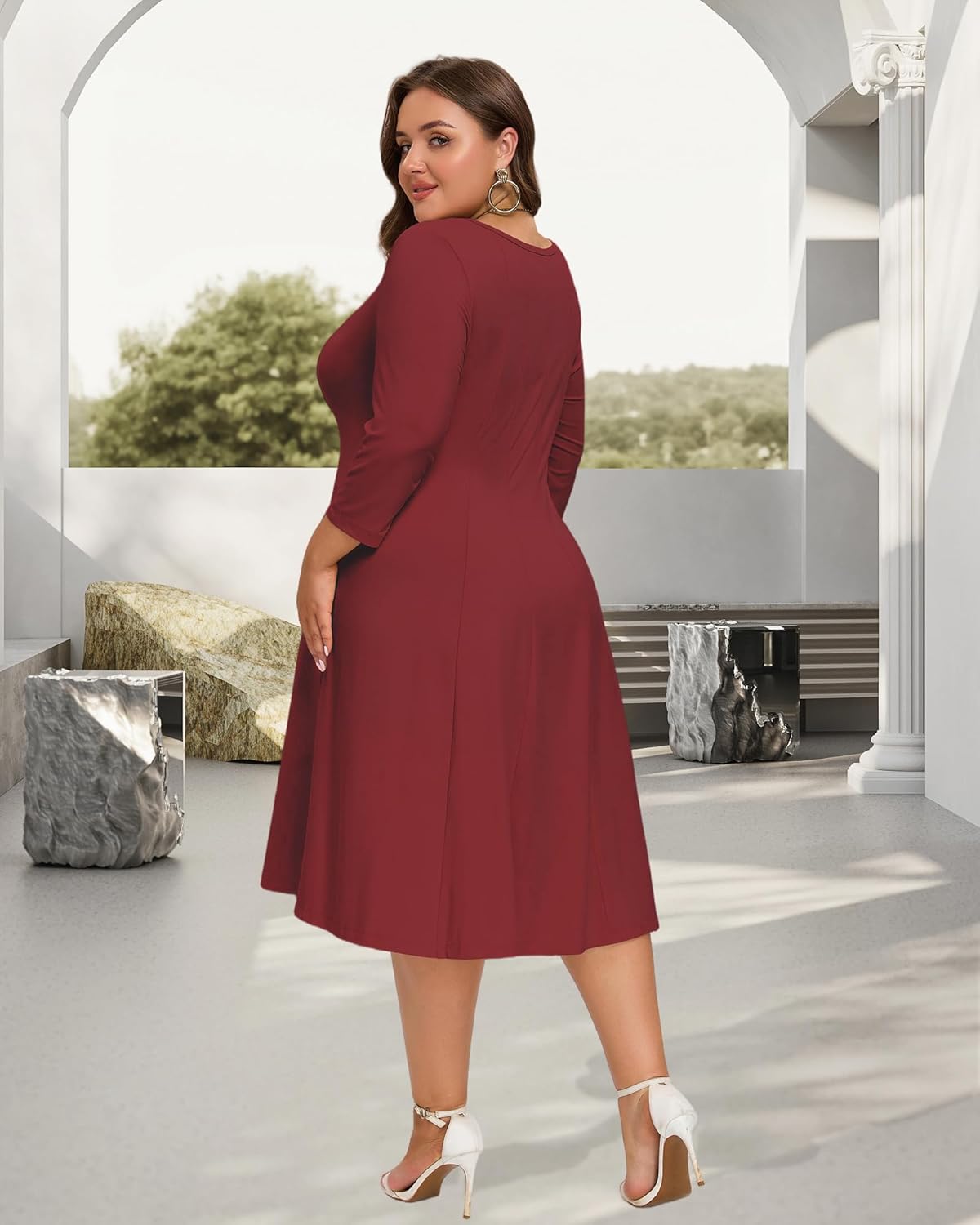 Moon Wood Women's Plus Size Midi Dress 3/4 Sleeve Crew Neck A-Line Flare Dresses with Pockets, Casual Dreses Daily Wear - Image 6
