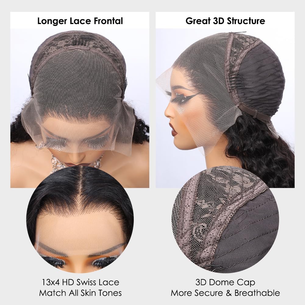 13x4 Lace Frontal Wigs Human Hair with Baby Hair for Black Women 220% Density HD Transparent Lace Front Wigs Pre Plucked Water Wave Wet and Wavy Lace Front Wig 24 inch