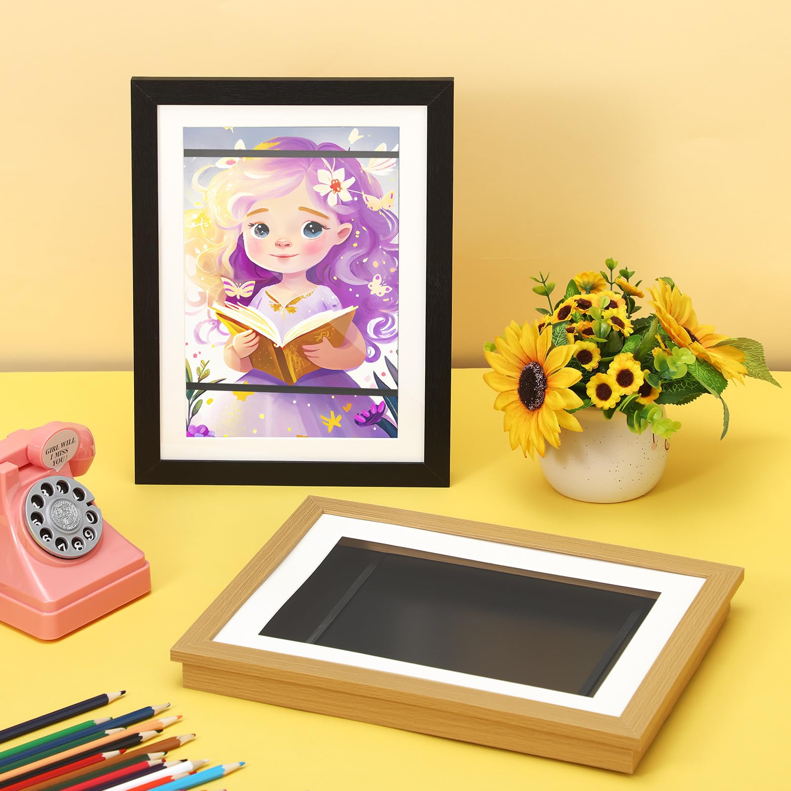 1 Pack Kids Art Frames Front Opening Kid Artwork Picture Frames Child Artwork Display Art Easy Change Artwork Frames for Drawing Crafting Artworks Art Projects Home Office (Black, Wood Color)