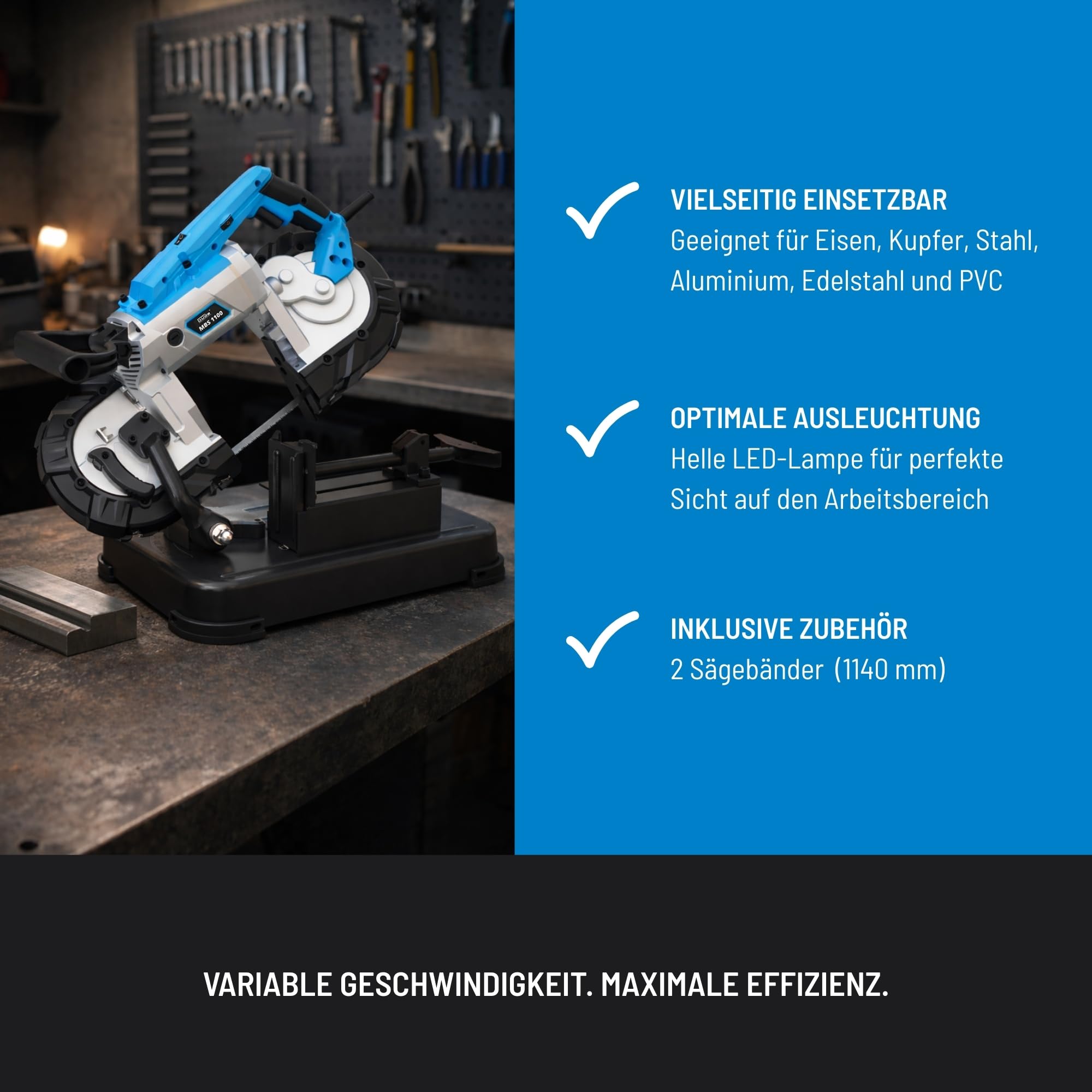 Güde Metallbandsäge MBS 1100 (1100 W, abnehmbarer Arbeitstisch (stationären & mobilen Einsatz), Bandgeschwindigkeit 144 m/min, 2 Sägebänder 1140 mm, LED Licht, Schnittleistung bis 100 mm/ø120 mm)