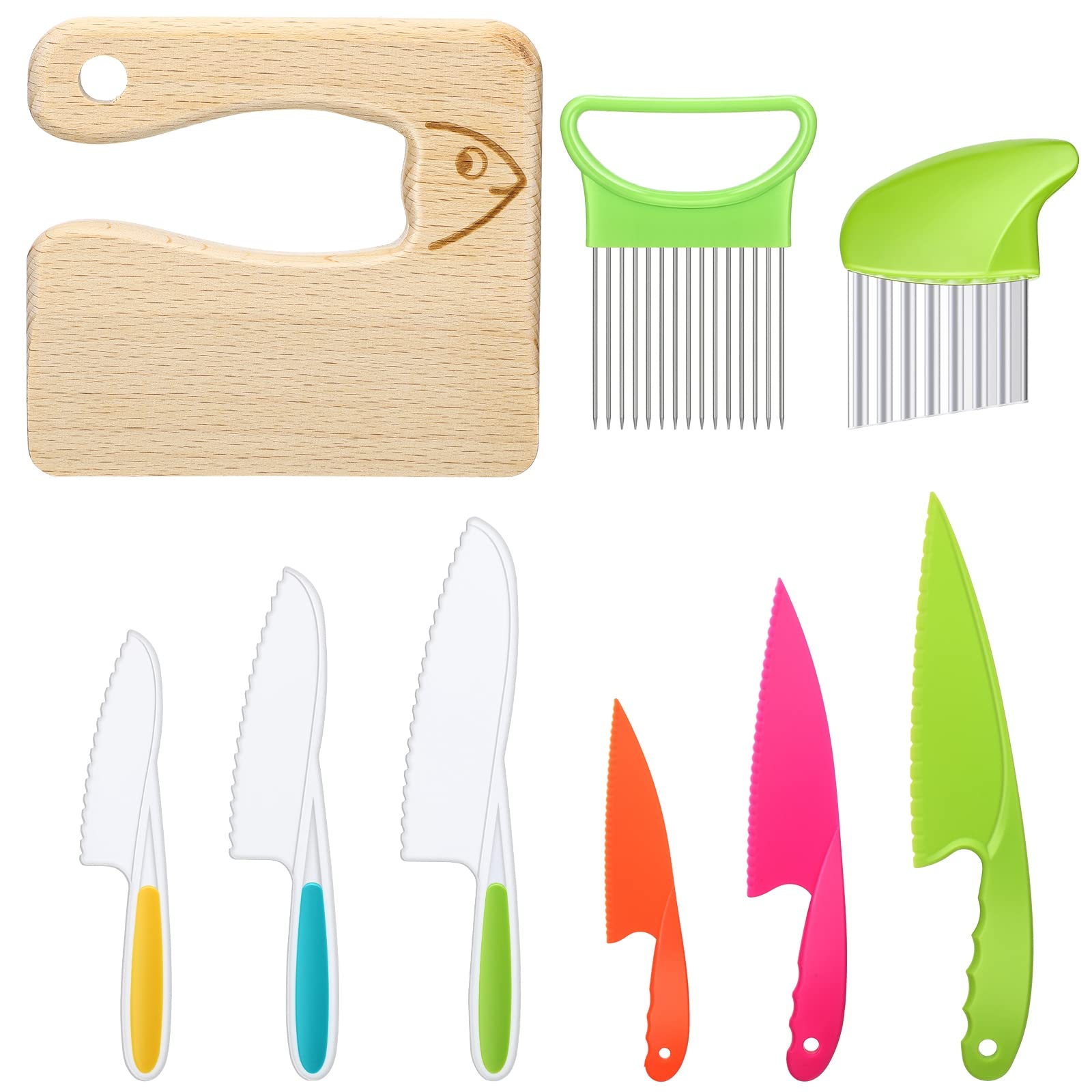 9 Pieces Wooden Children Kitchen Knife, Include 6 Pieces Kids Plastic Knife Wooden Kids Knife Potato Slicers and Onion Slicer Kids Plastic Knife Wood Knife for Kitchen (Fish Style)