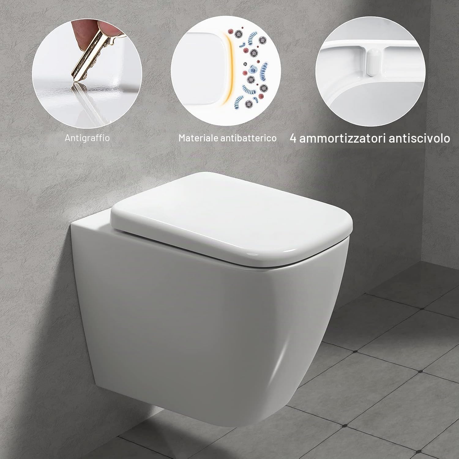 Pipishell Sedile WC quadrato, con chiusura morbida, colore bianco, con chiusura rapida, fissaggio semplice, resistente e antibatterico, con cerniere regolabili in acciaio inossidabile