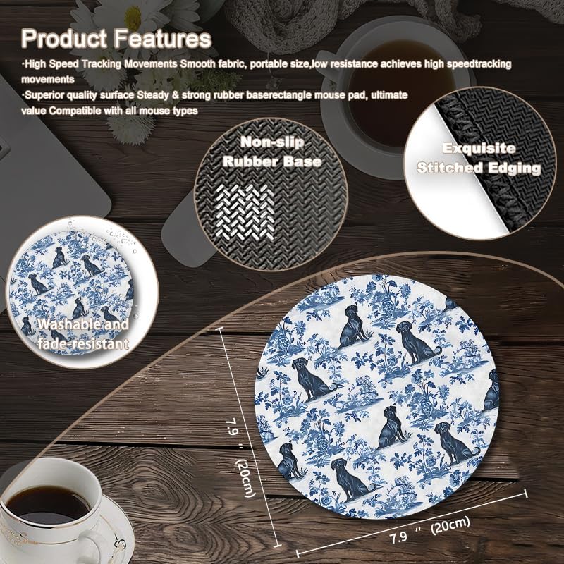 Chinoiserie Black Labrador Retriever Round Mouse Pad, Black Lab Gifts, Grandmillennial Blue and White Botanical Dog Mousepad Mat for Home Office Computer Laptop Desk Accessories 7.9x7.9 in image 2