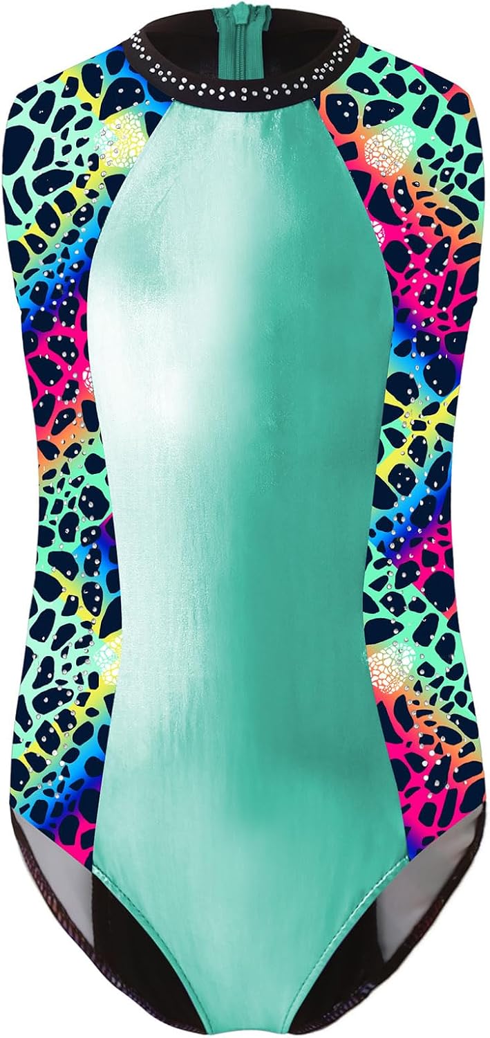 Hularka Girls Sleeveless Ballet Unitard Printed One Piece Dance Outfit Workout Bodysuit Rhinestone Yoga Gym Activewear