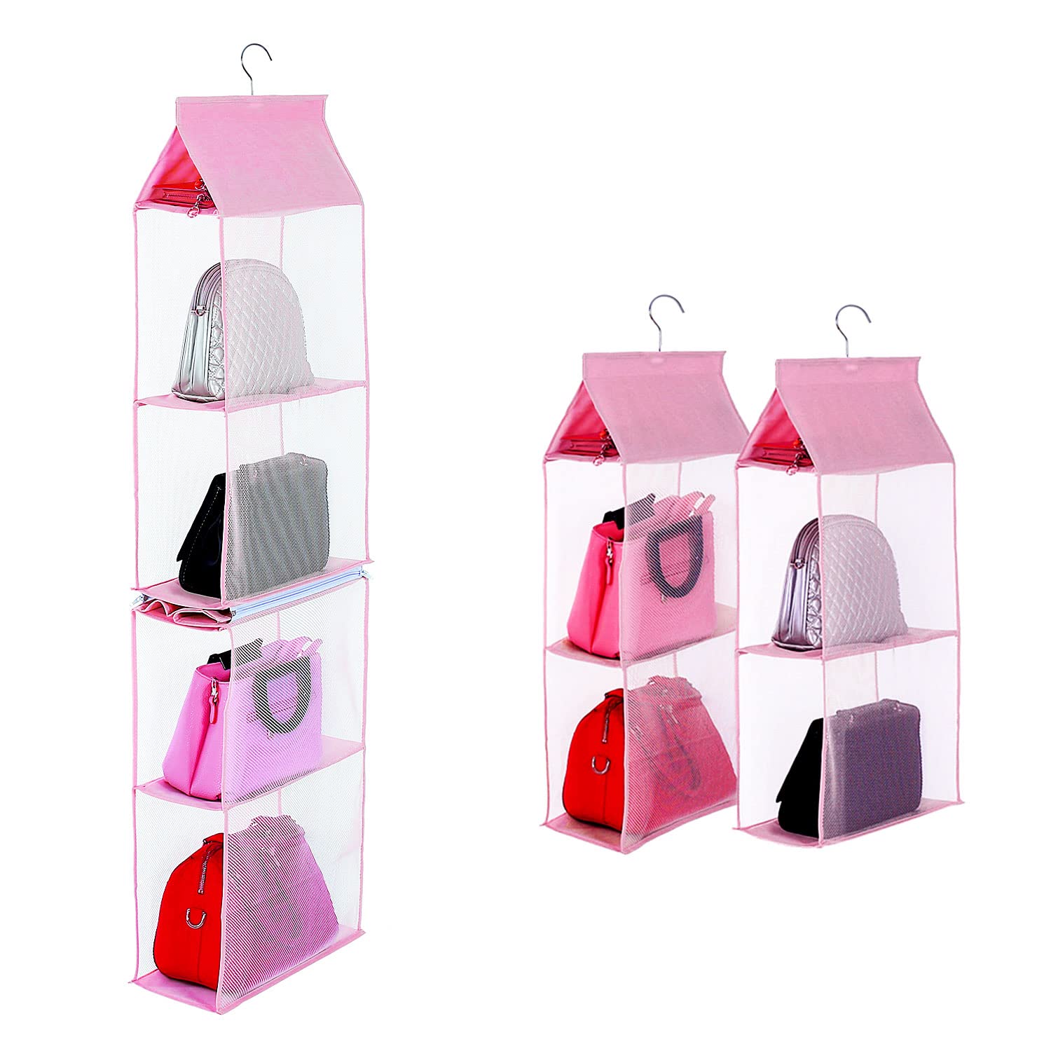 KEEPJOY Organizador de bolso para armario, organizador de bolso colgante con 4 estantes de malla resistente (rosa)