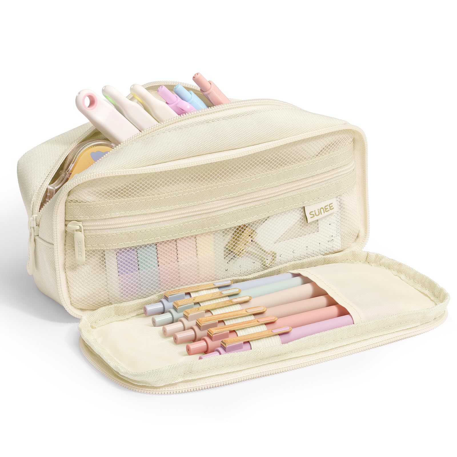 SUNEE Pencil Case, Large Capacity Pencil Pouch, Aesthetic Big Pen Bag 900D Oxford Pen Box for Office Stationery Organizer School Supplies Multifunctional for Teen Boys Girls Women Men, Beige