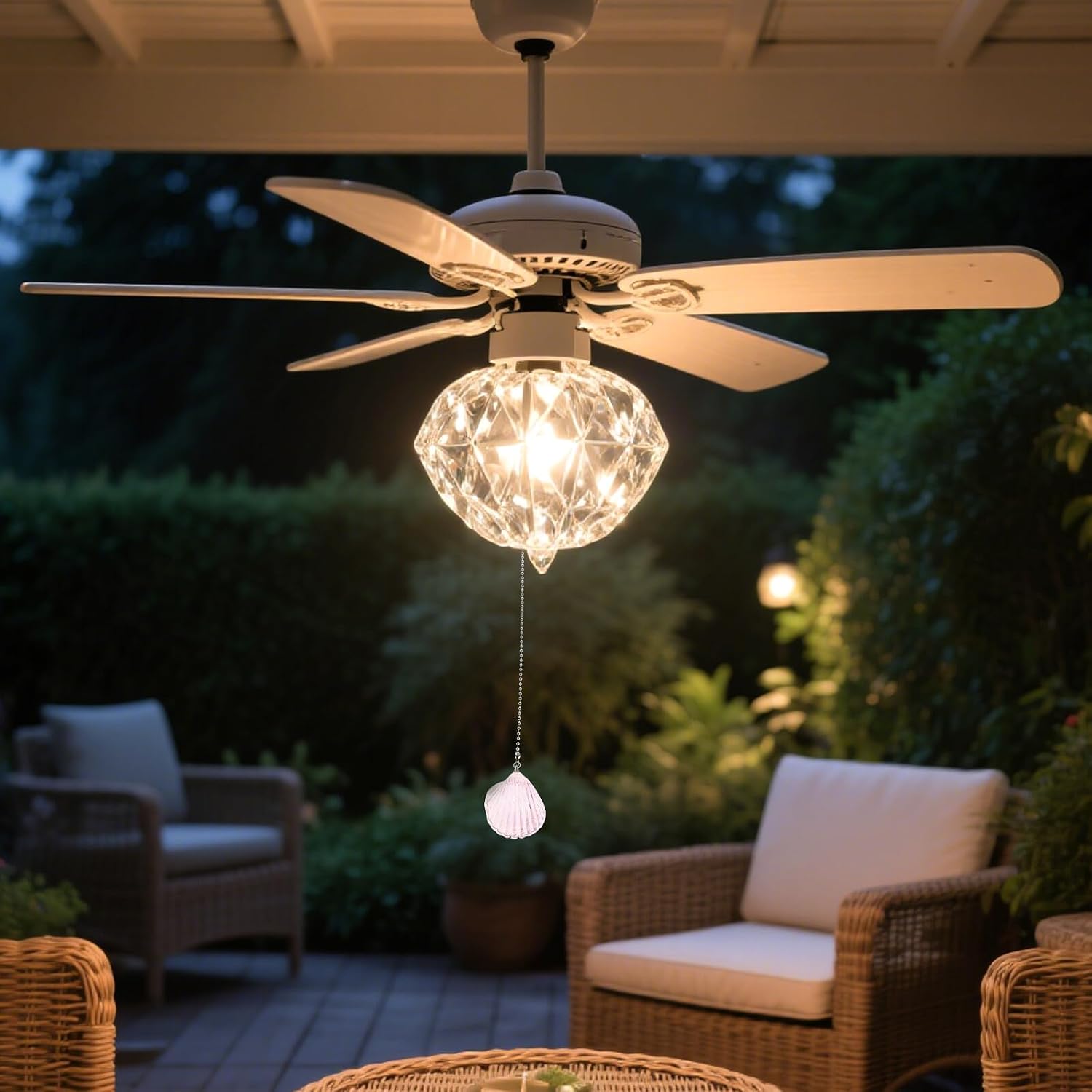 2pcs Crystal Seashell Ceiling Fan Pull Chains with Connector, 22" Decorative Fan Pull Extenders for Bathroom and Bedroom Light Fixtures