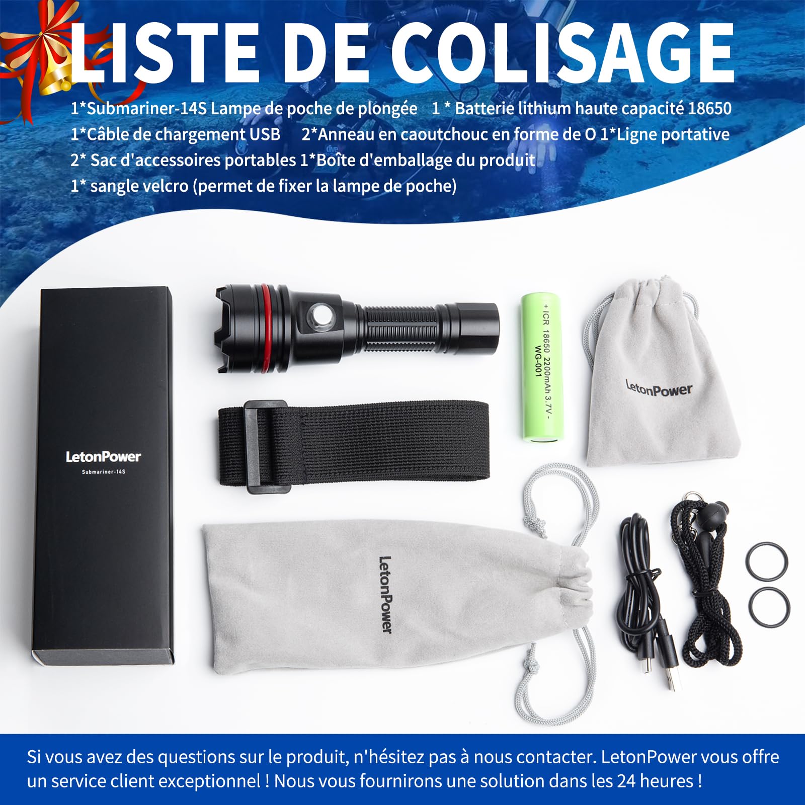 14S Lampe de Plongée 2000 Lumens - 6 Modes, Super Lumineuse, Rechargeable USB-C, Étanche IP68 (100m) pour Plongée Sous-Marine, de Nuit et Snorkeling