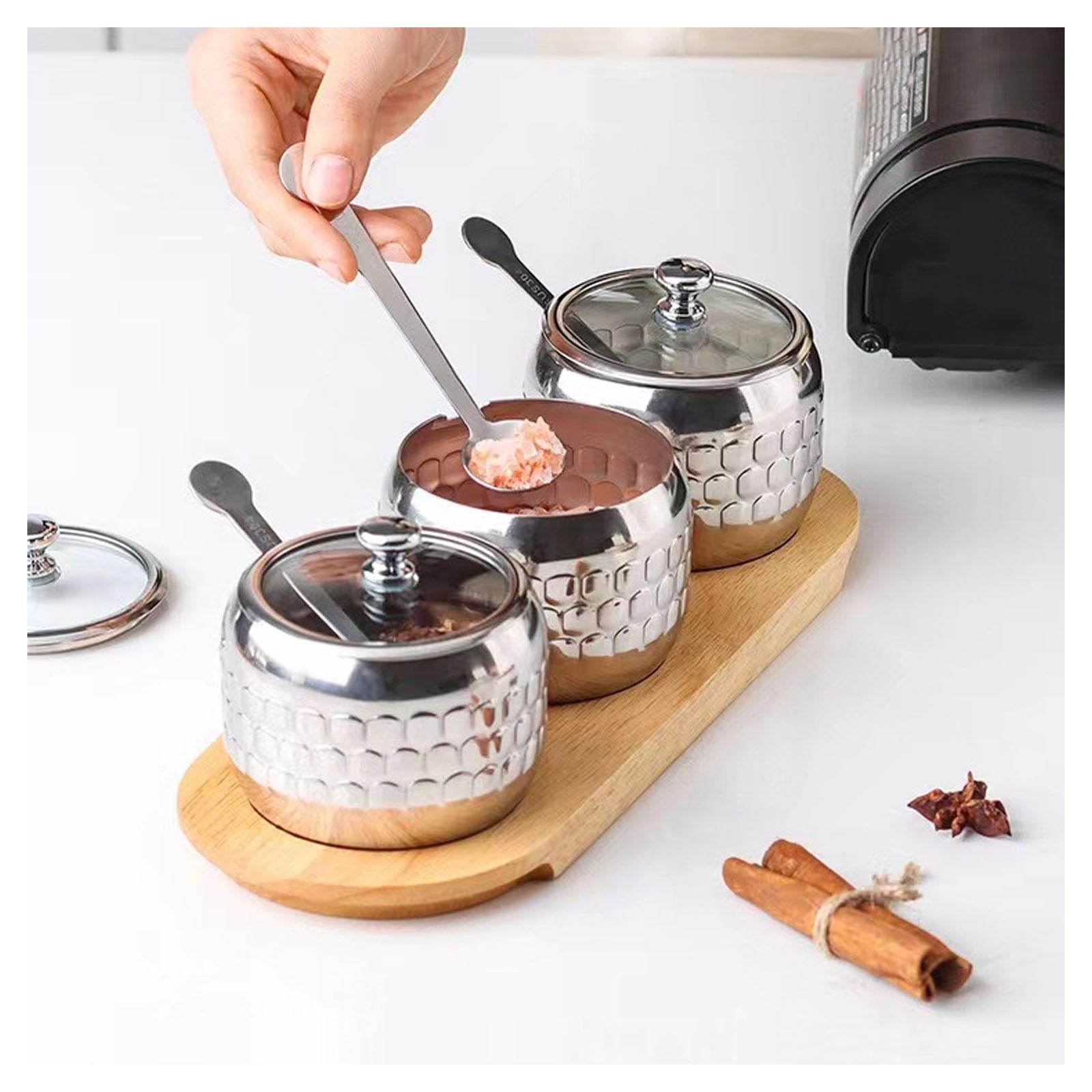 Zuckerdose mit Deckel und Löffel, 304 Edelstahl-Gewürzbehälter-Set, 350 ml Vorratsbehälter, Vorratsglas, Küchenarbeitsplatte, Aufbewahrung for Süßigkeiten, Kaffeebohnen