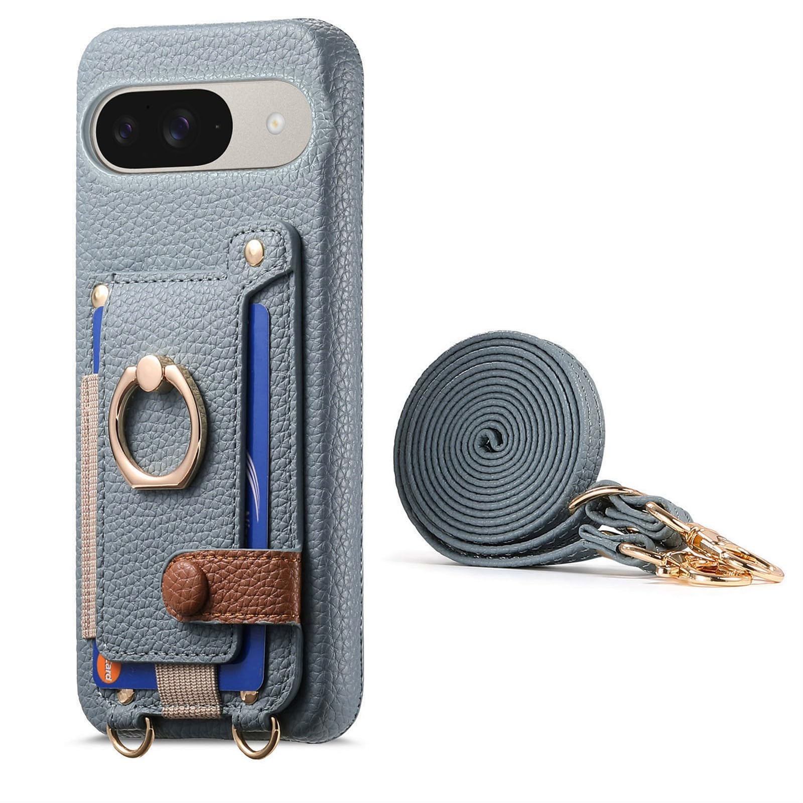 Étui Google Pixel 8 Pro coque rigide cuir bleu avec cordon bandoulière - 8