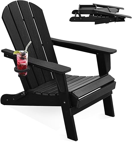 Miniatura 1 de LOUNZY Silla Adirondack plegable con soporte para tazas, silla plegable de polietileno de alta densidad para todo tipo de clima, silla Adirondack de