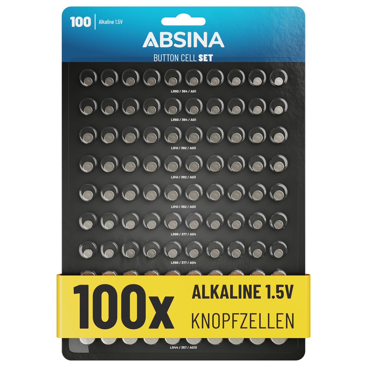 ABSINA 100er Pack Alkaline Knopfzellen Sortiment - Knopfzelle Set gemischt