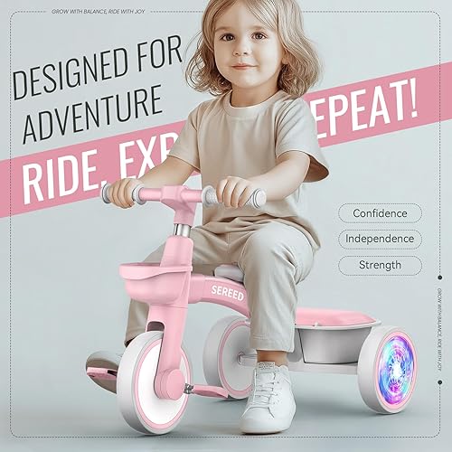 Miniatura 2 de SEREED Triciclo de iluminación colorida para niñas de 2 a 5 años, triciclo ajustable con asiento y manillar, cesta extraíble, idea de regalo de