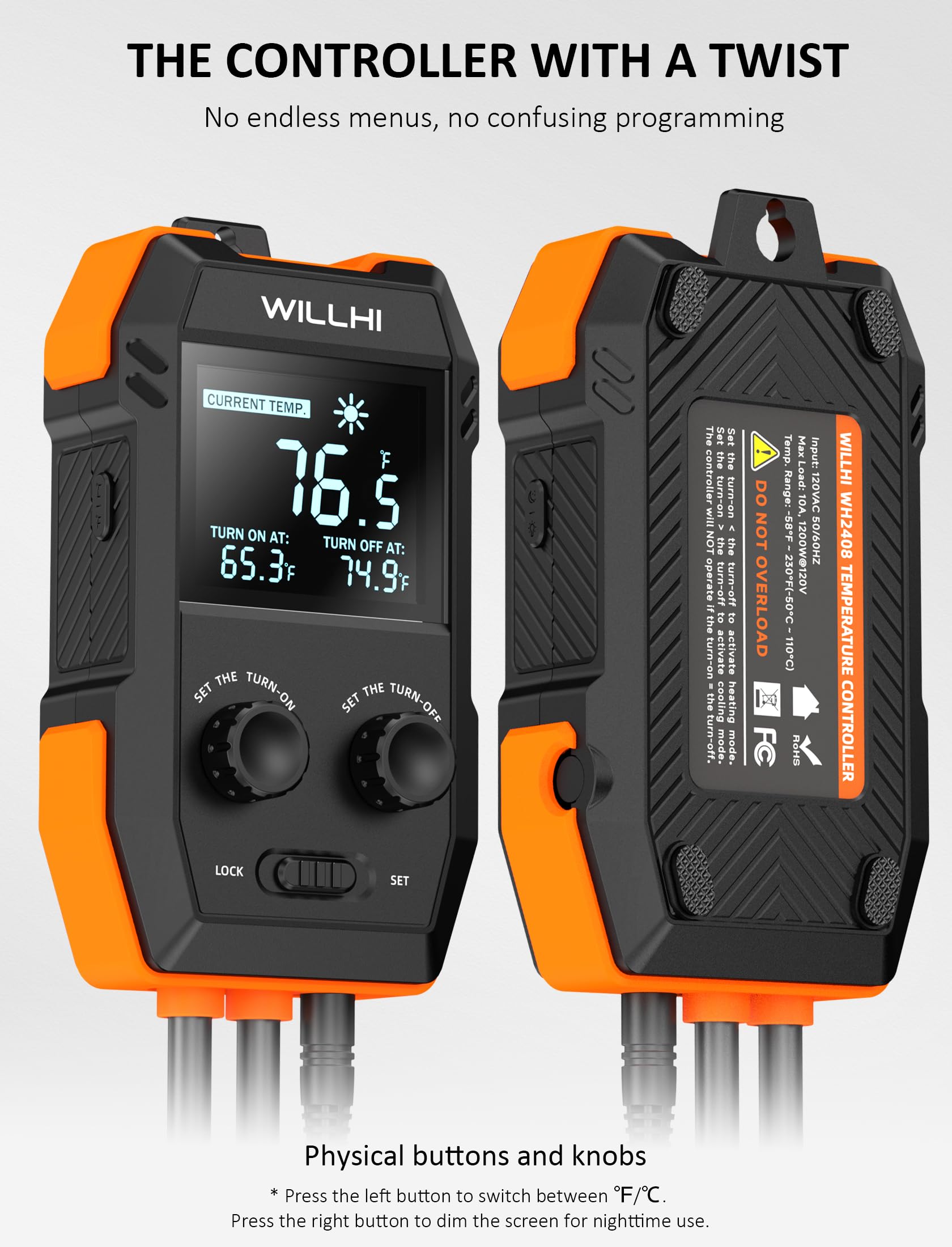 WH2408 - driver de temperatura 10 A, 1200 W, interruptor de enchufe de salida controlado por termostato digital para reptiles, terrarios, invernaderos, preparación casera, acuario, modo de