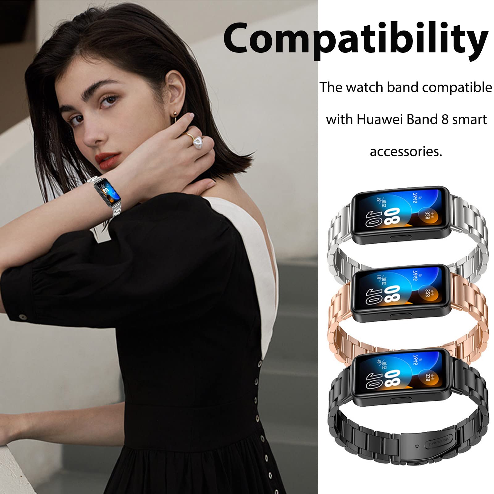 Miimall Metal Strap Compatible with Huawei Band 8, Stainless Steel Replacement Band with Folding Clasp - Image 2