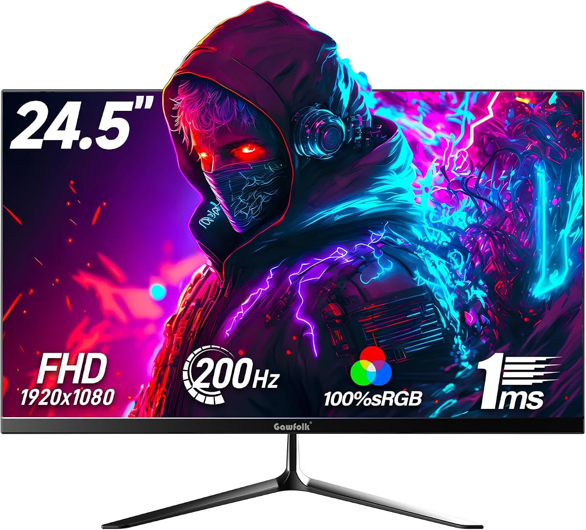 Gawfolk Gaming Monitor 24.5 Inch 200Hz Built-in Speakers, 180hz PC Monitor FHD 1080P Frameless Computer Monitors, VA,sRGB 100%, DisplayPort, HDMI, Eye Care, Wall Mount Compatible