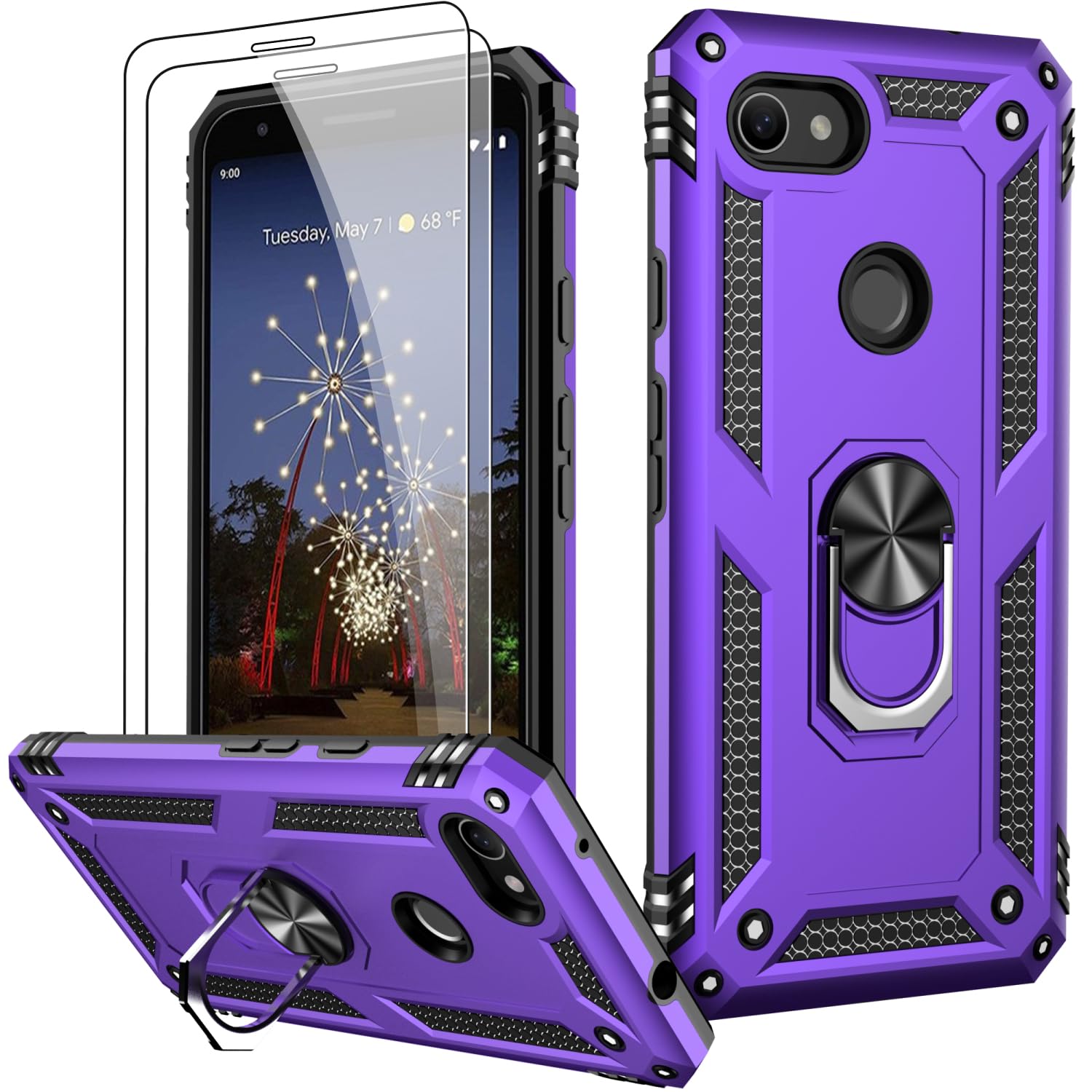 LUMARKE for Google Pixel 3A XL Case with Screen Protector,Pass 16ft. Drop Tested Military Grade Protective Phone Cover with Magnetic Ring Kickstand Compatible with Car Mount Holder Purple