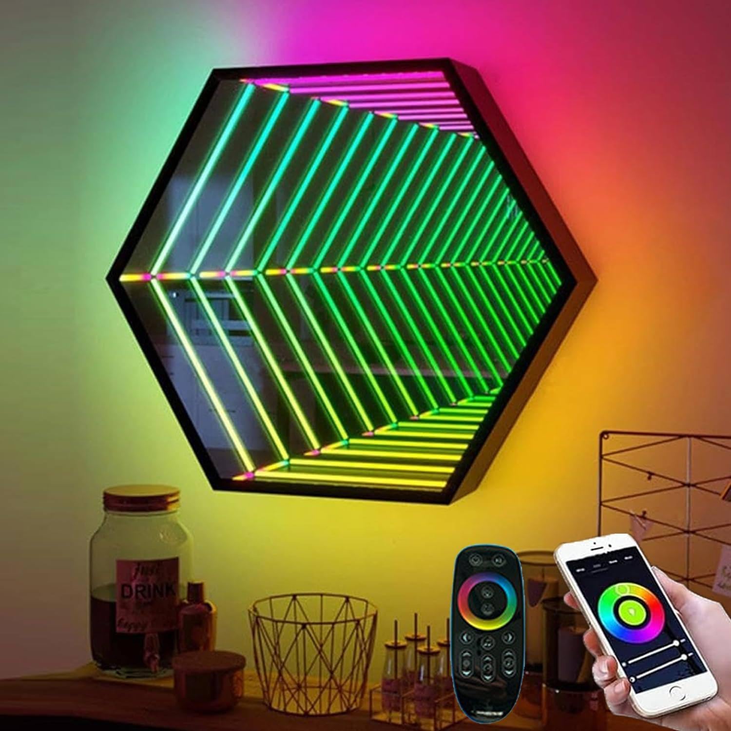 AityBuy Tunnel Mirror Lamp,Infinity Mirror Art Light Night Light,3D Mirror Tunnel Light,with Remote Control and Multi Color Changing Light,Mirror Wall Hanging Lights Hexagon-30cm/11.8"