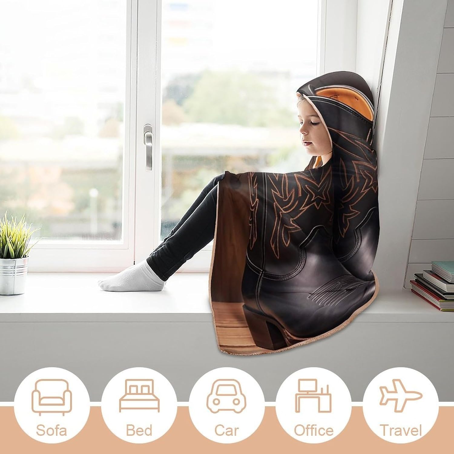 Cowboy Black Hat Western Boots Wearable Fleece Blanket with Hood for Men & Women Oversized Hoodie Blanket Soft Cozy Gift-